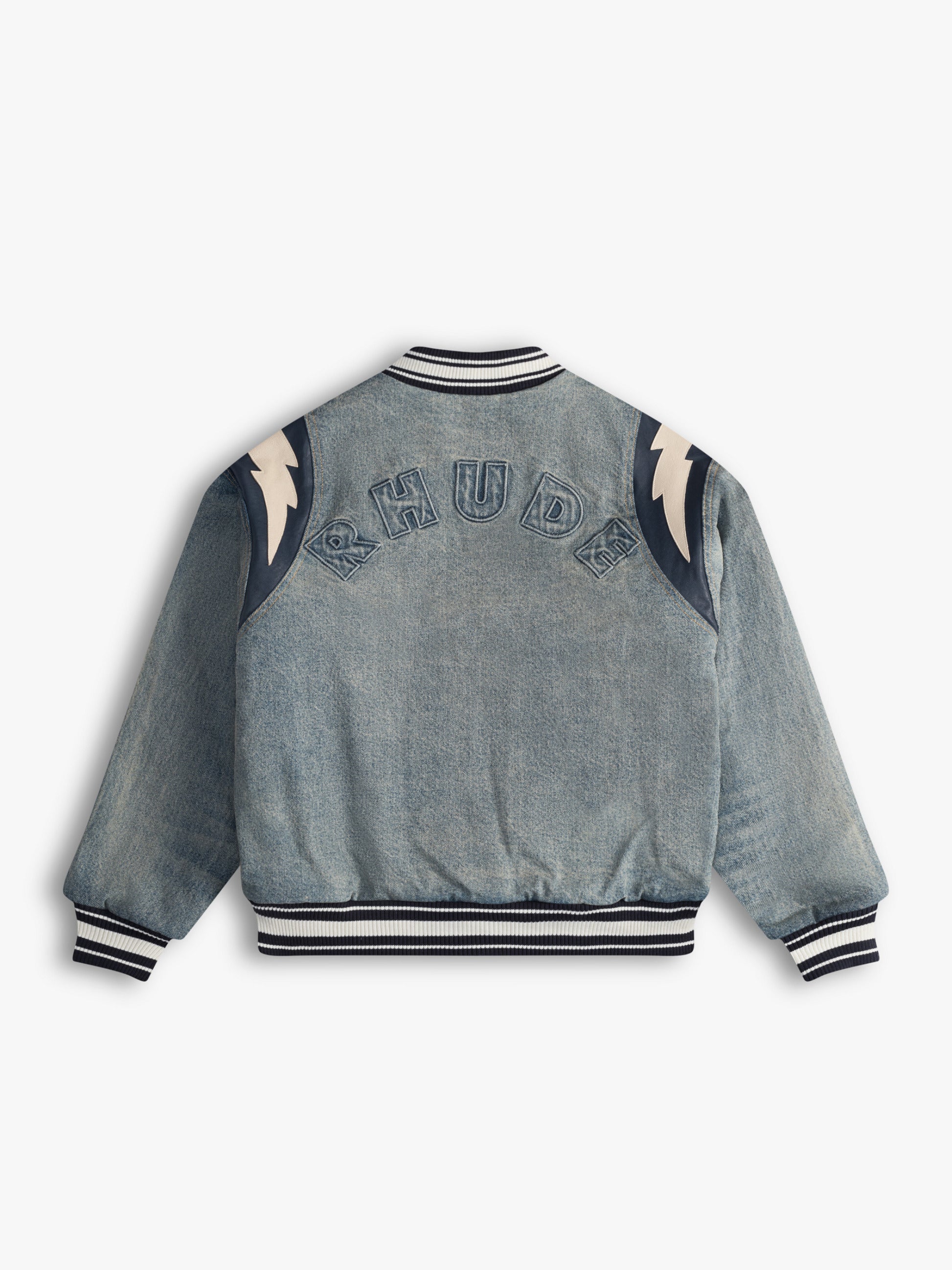 RHUDE MEN'S DENIM LIGHTING VARSITY JA DARK INDIGO