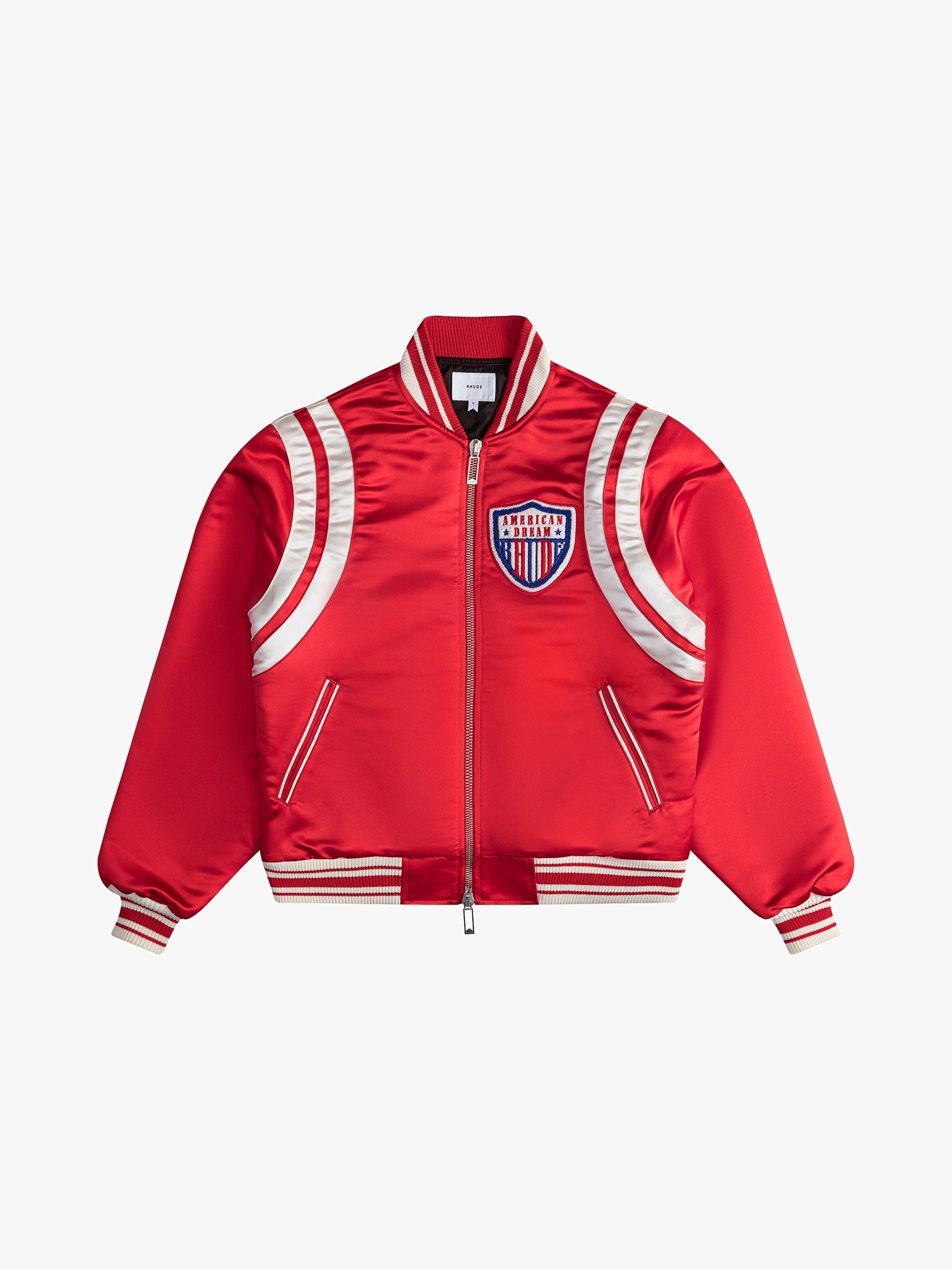 RHUDE MEN'S RED SATIN VARSITY JACKET RED/IVORY