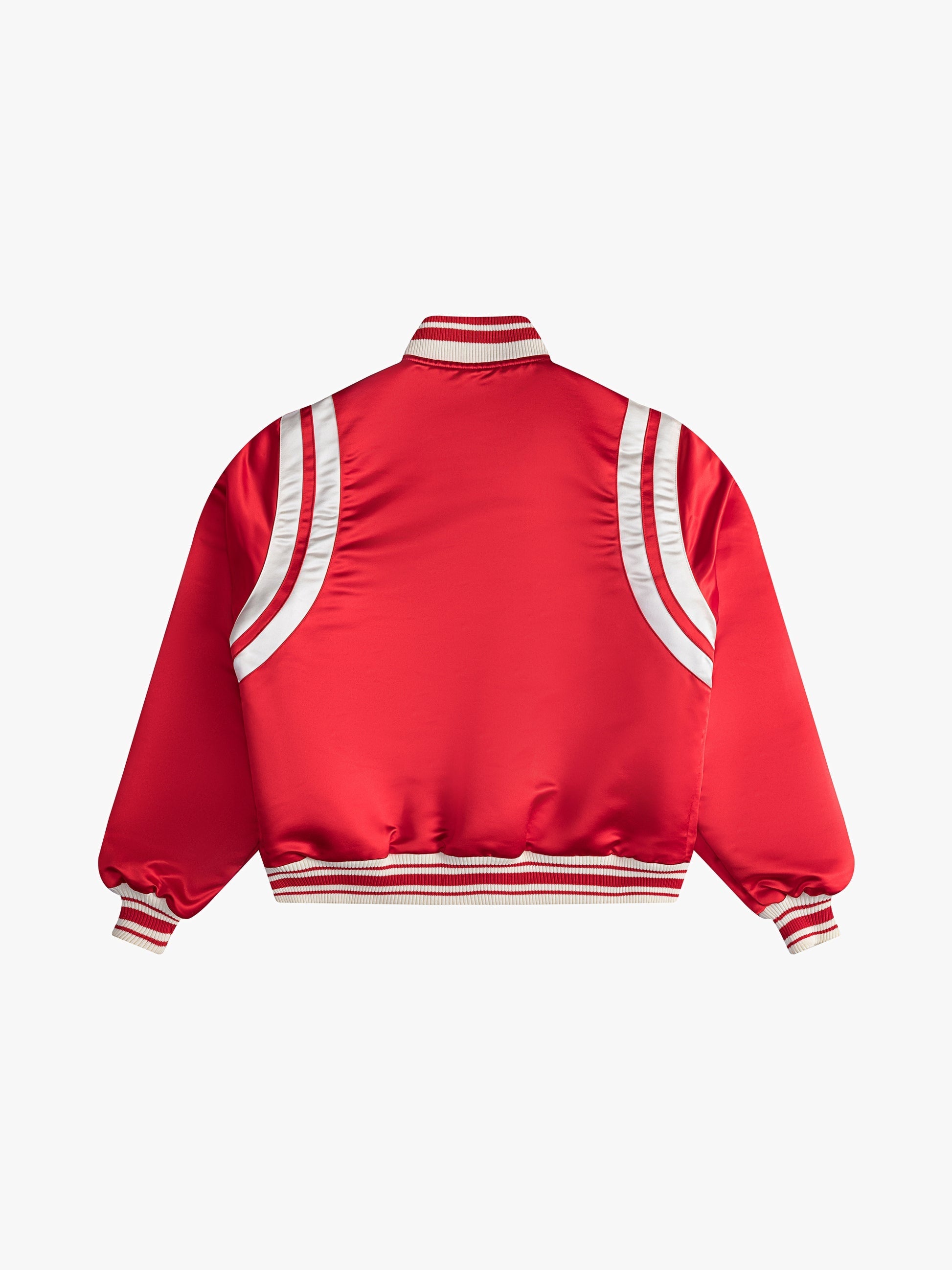 RHUDE MEN'S RED SATIN VARSITY JACKET RED/IVORY