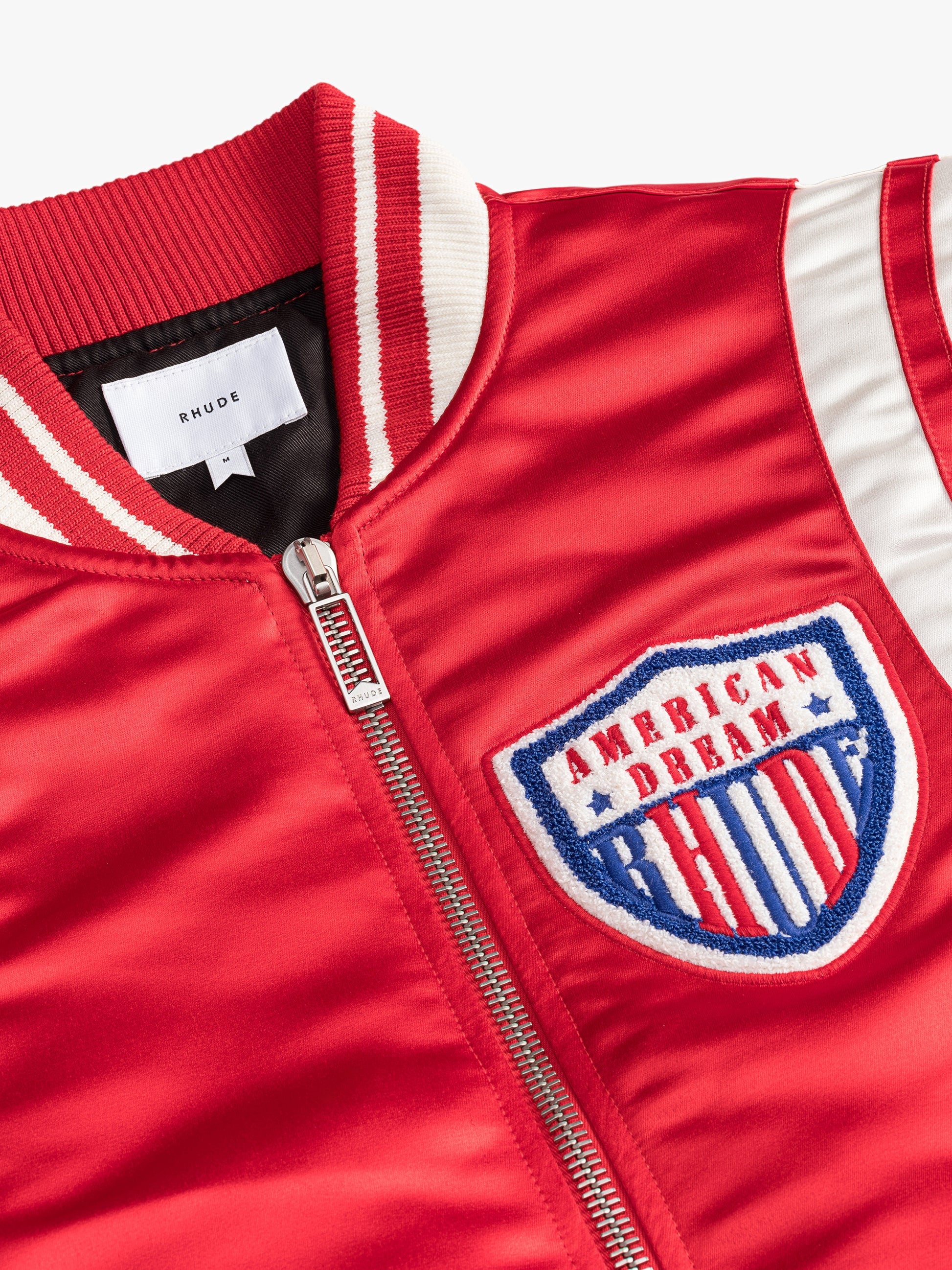 RHUDE MEN'S RED SATIN VARSITY JACKET RED/IVORY