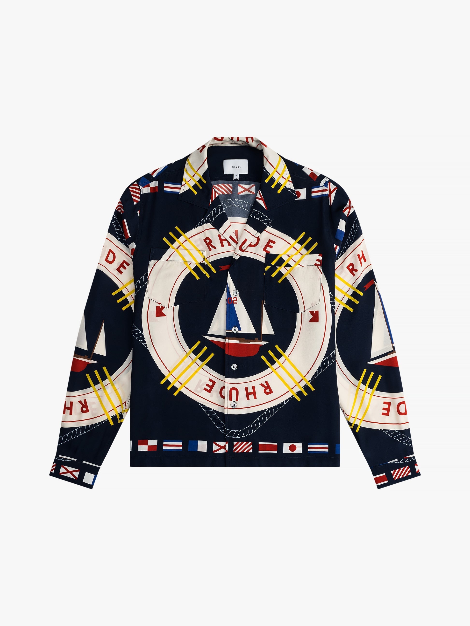 RHUDE MEN'S FLAG SAIL LS SILK S BLUE MULTI NWT