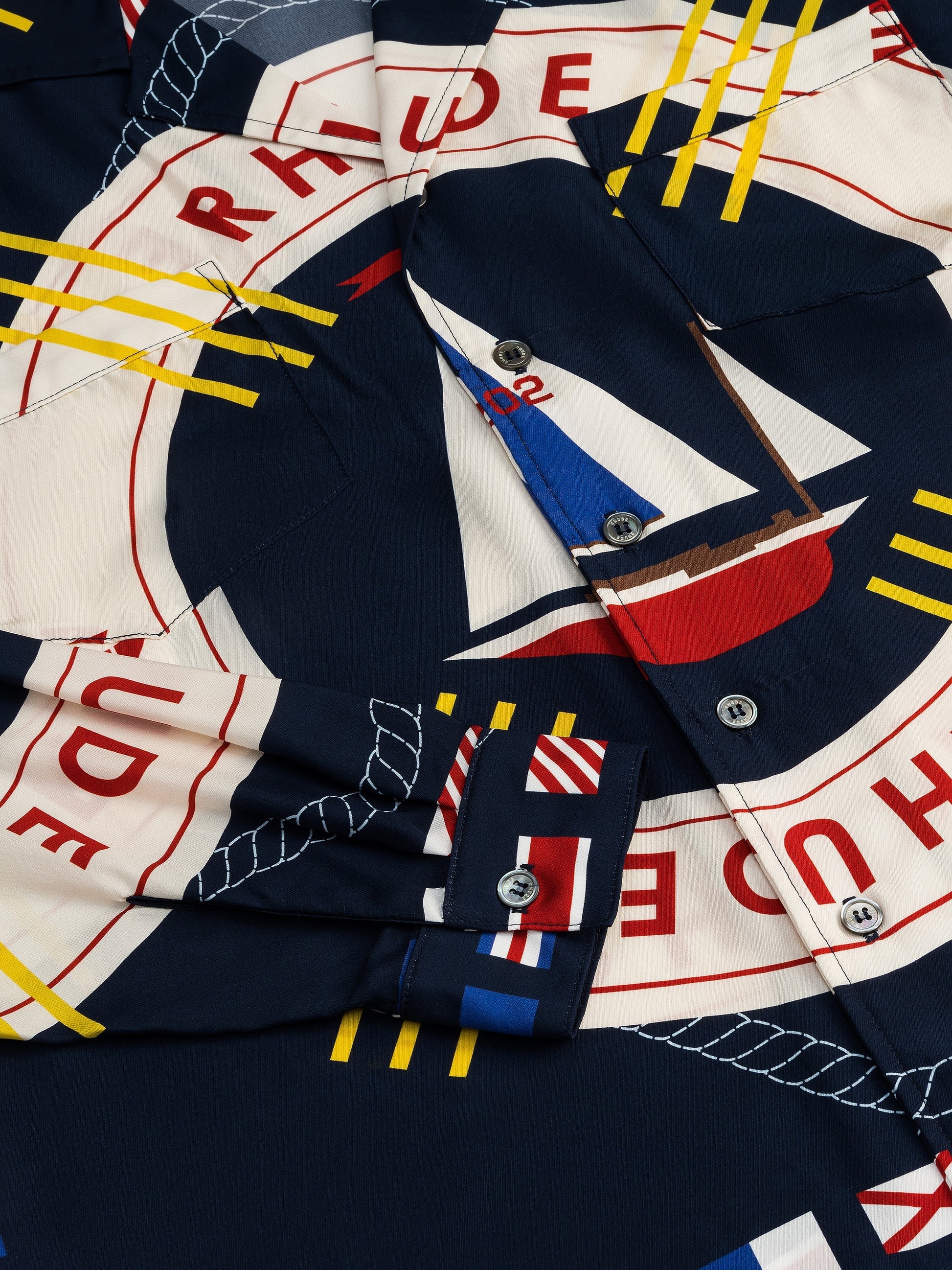 RHUDE MEN'S FLAG SAIL LS SILK S BLUE MULTI NWT