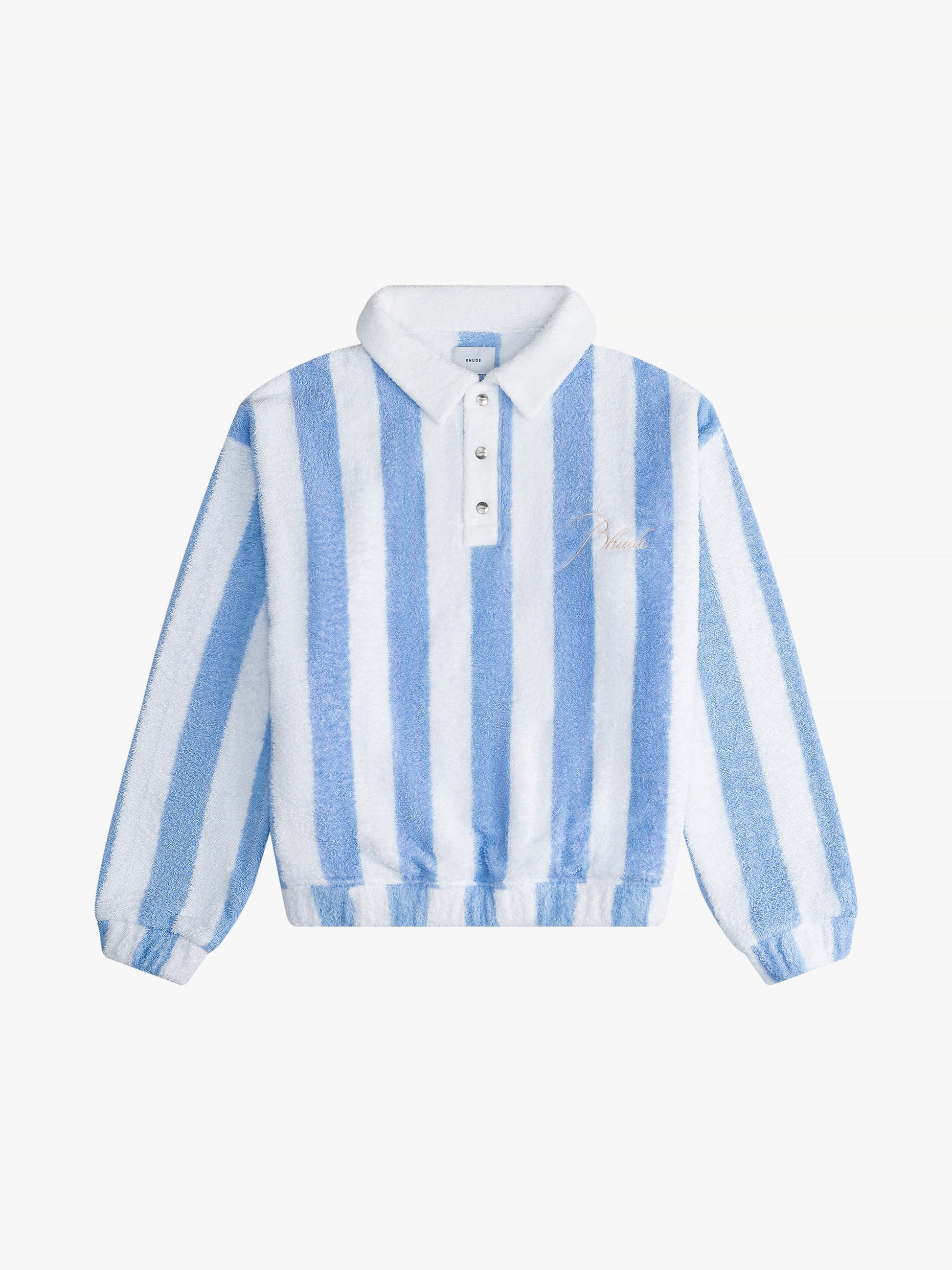 RHUDE MEN'S STRIPED LOOP TERRY POLO WHITE/LIGHT BLUE NWT