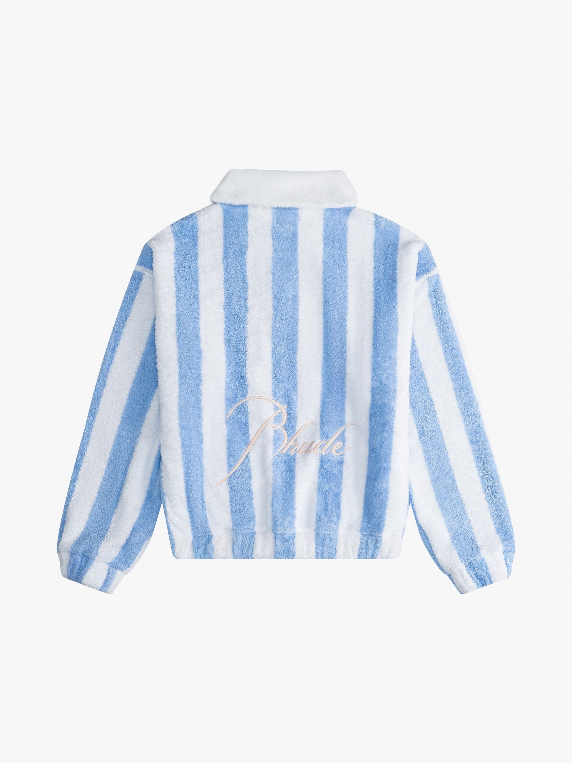 RHUDE MEN'S STRIPED LOOP TERRY POLO WHITE/LIGHT BLUE NWT