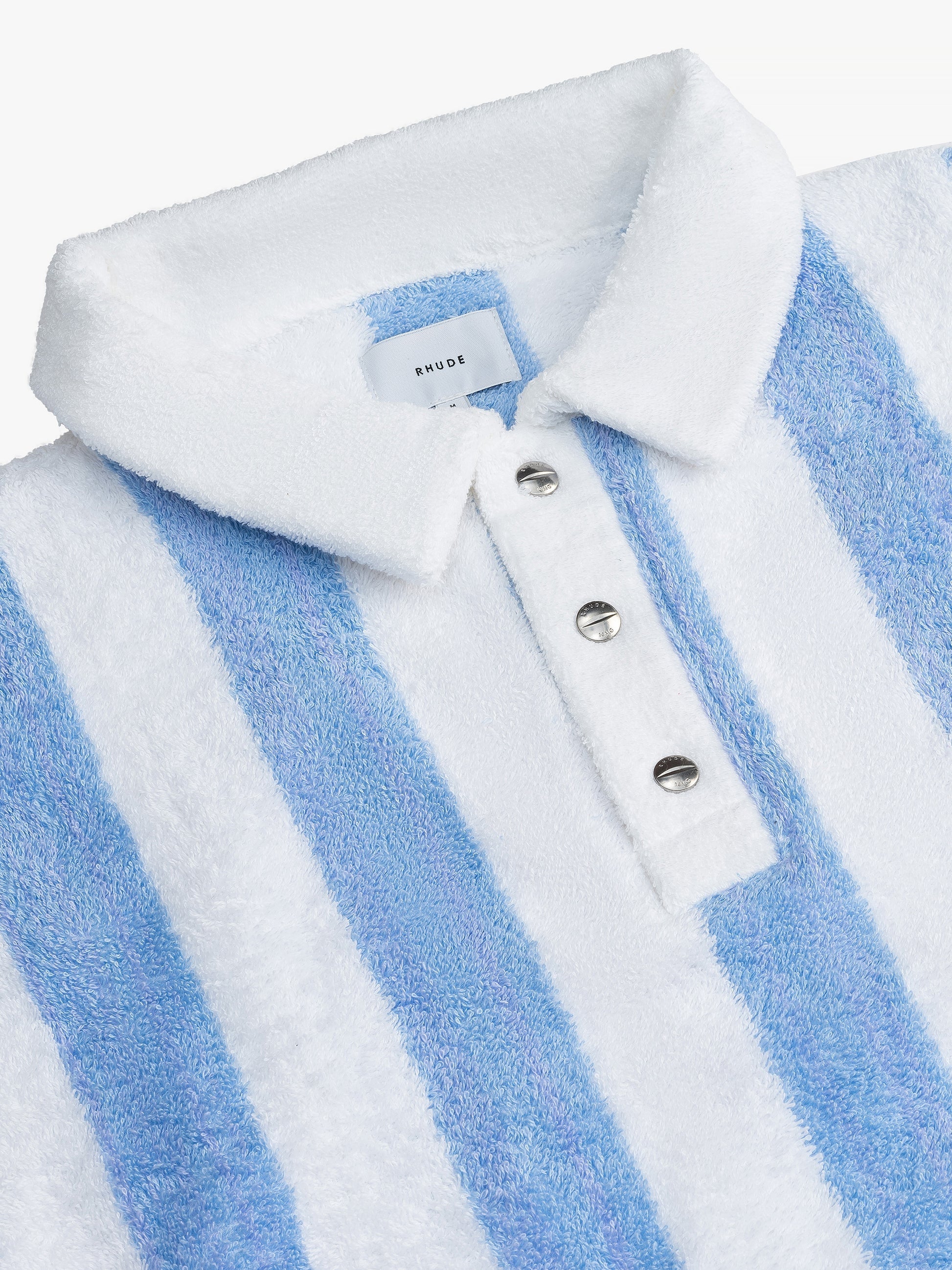 RHUDE MEN'S STRIPED LOOP TERRY POLO WHITE/LIGHT BLUE NWT
