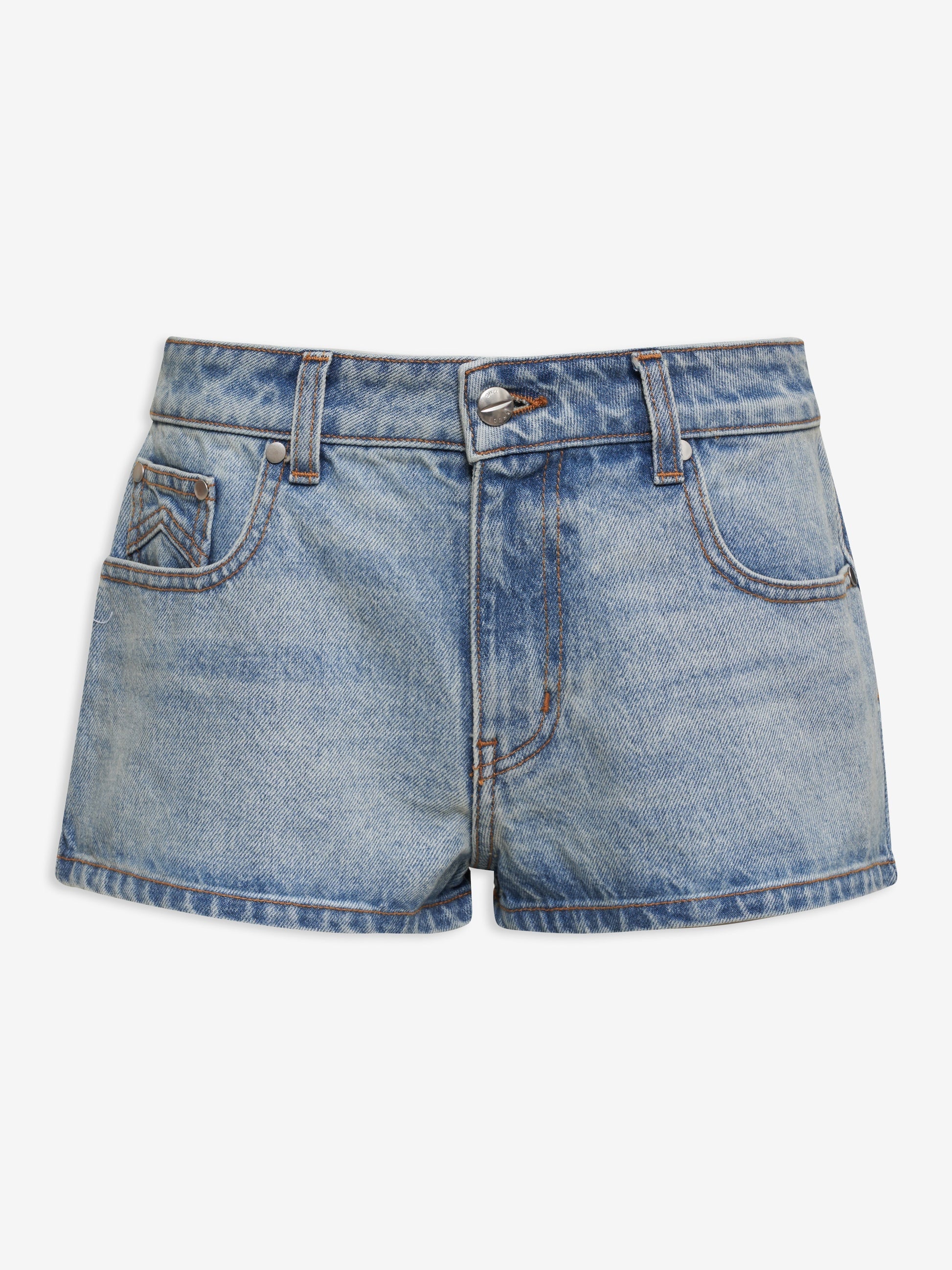 RHUDE WOMEN'S LOW-WAIST DENIM SHORT LIGHT INDIGO