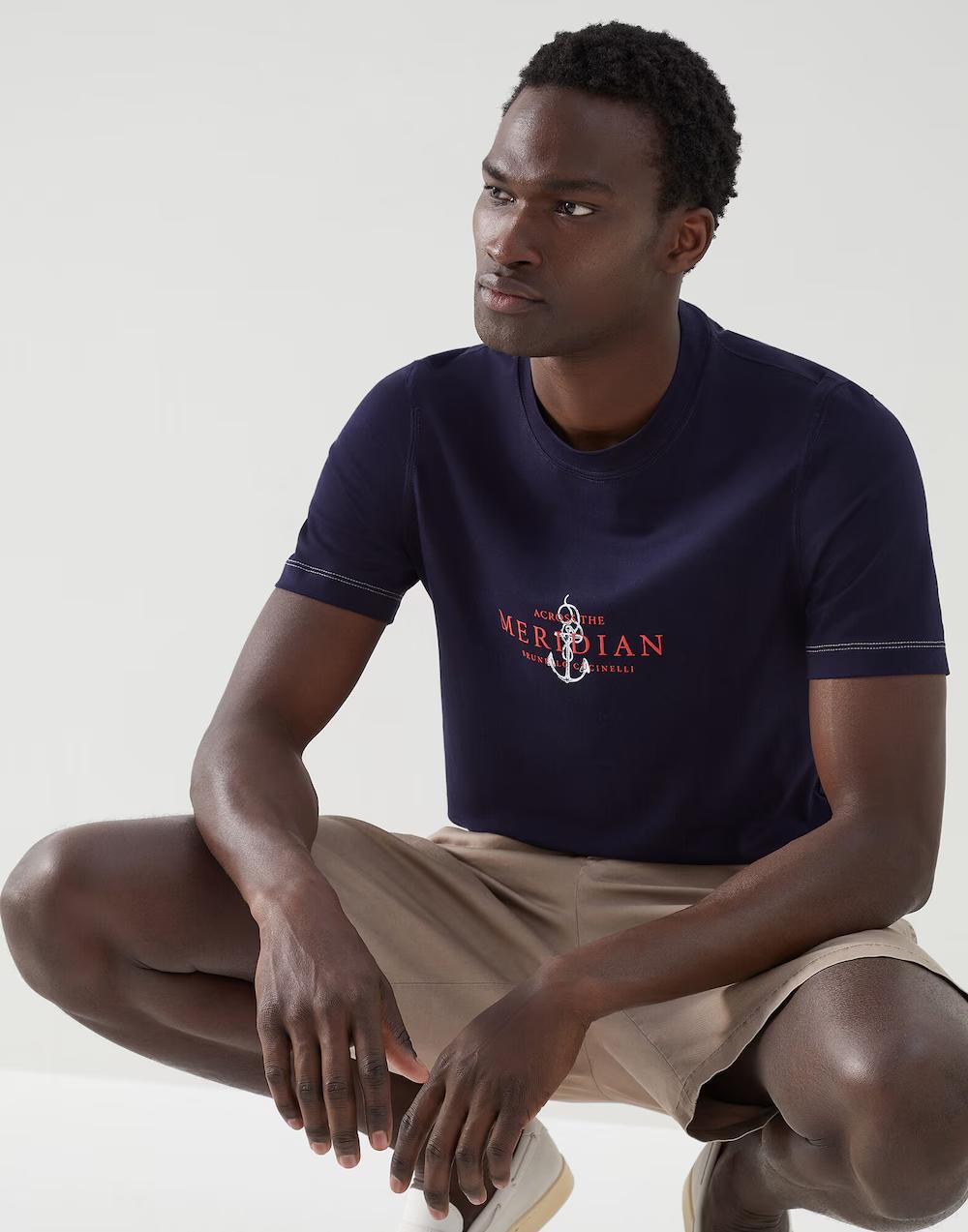 BRUNELLO CUCINELLI MEN'S COBALT GRAPHIC CREWNECK T-SHIRT