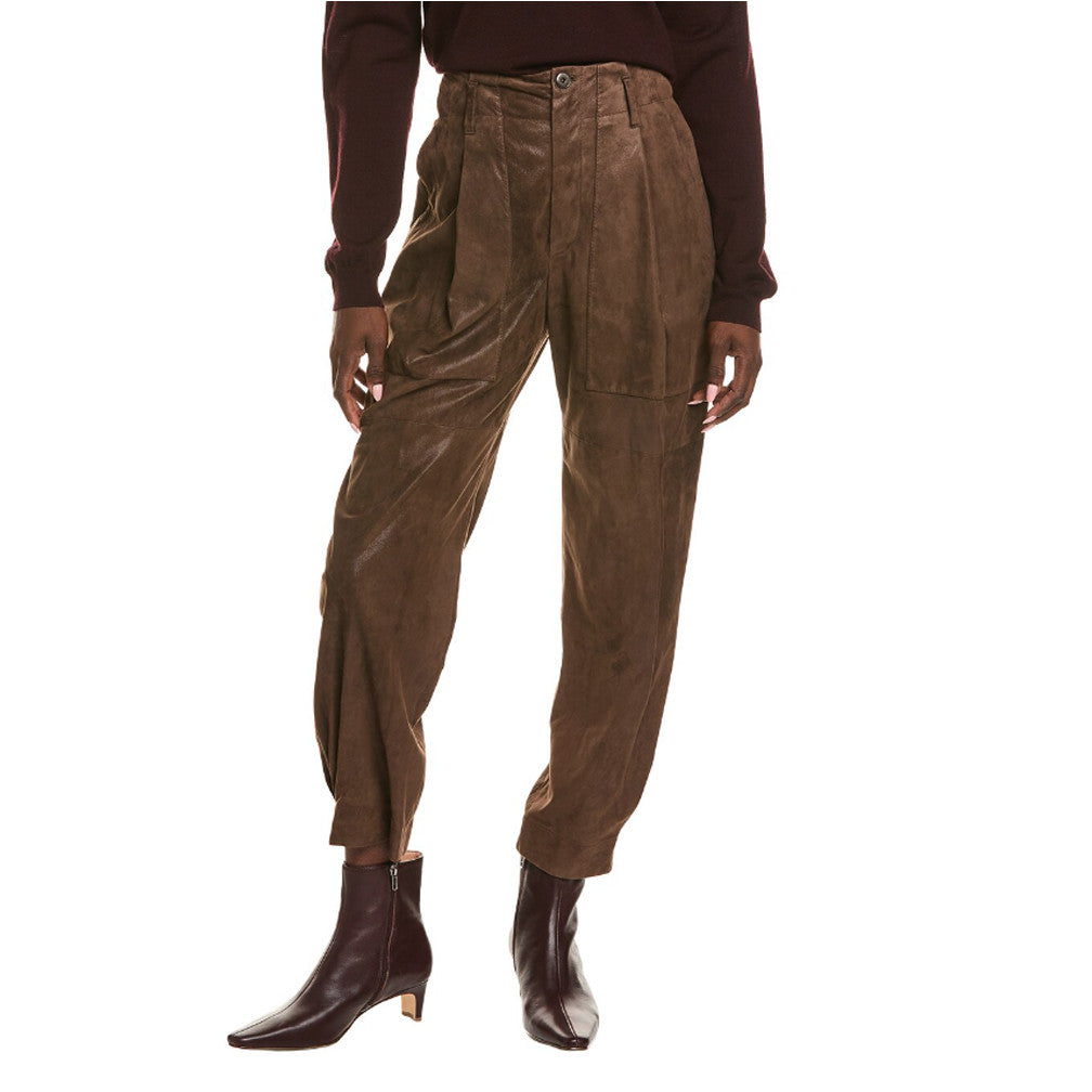BRUNELLO CUCINELLI WOMEN'S BROWN LEATHER RELAXED TROUSERS