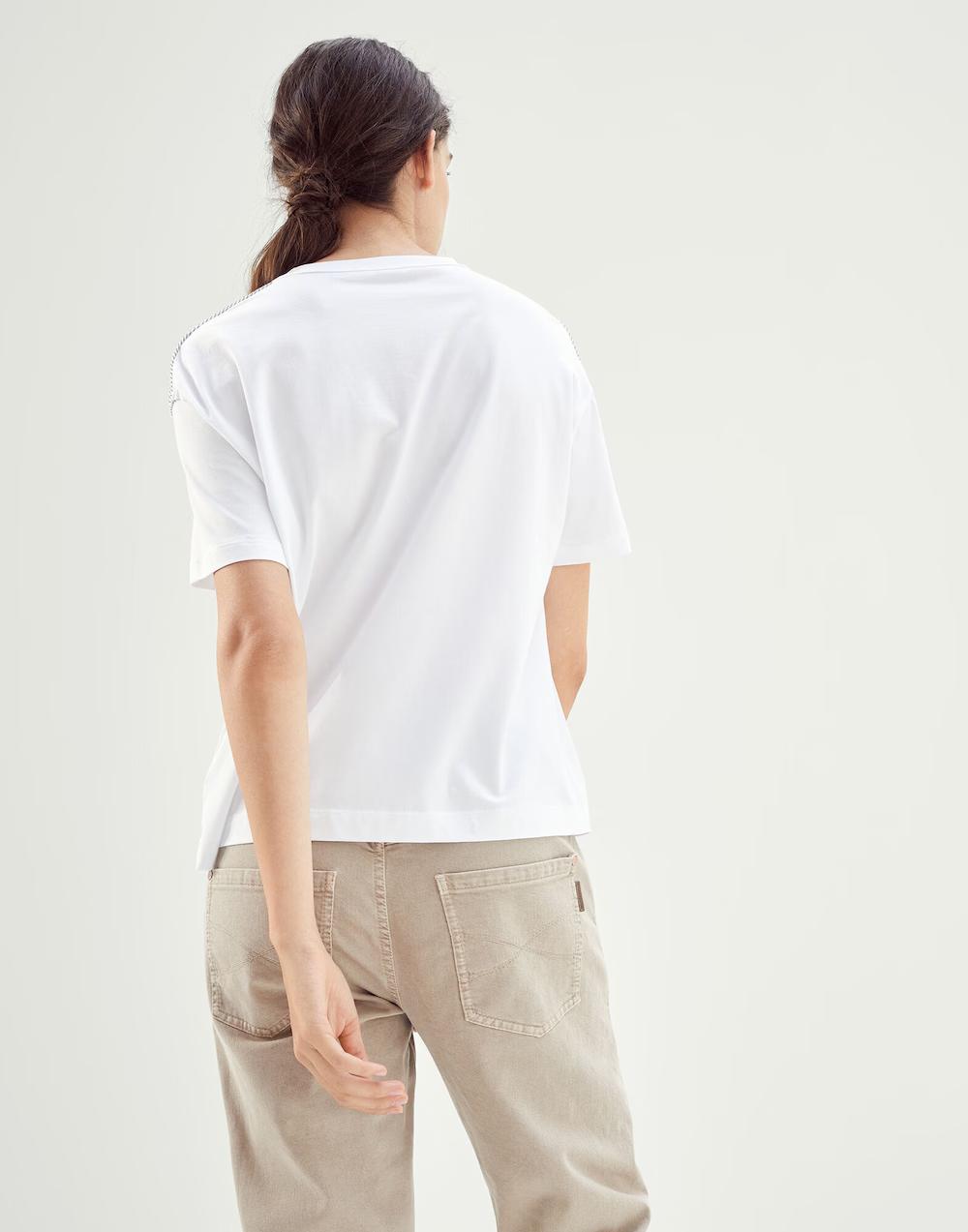 BRUNELLO CUCINELLI WOMEN'S WHITE SHORT-SLEEVE SHIRT WITH STRIPED SHOULDERS