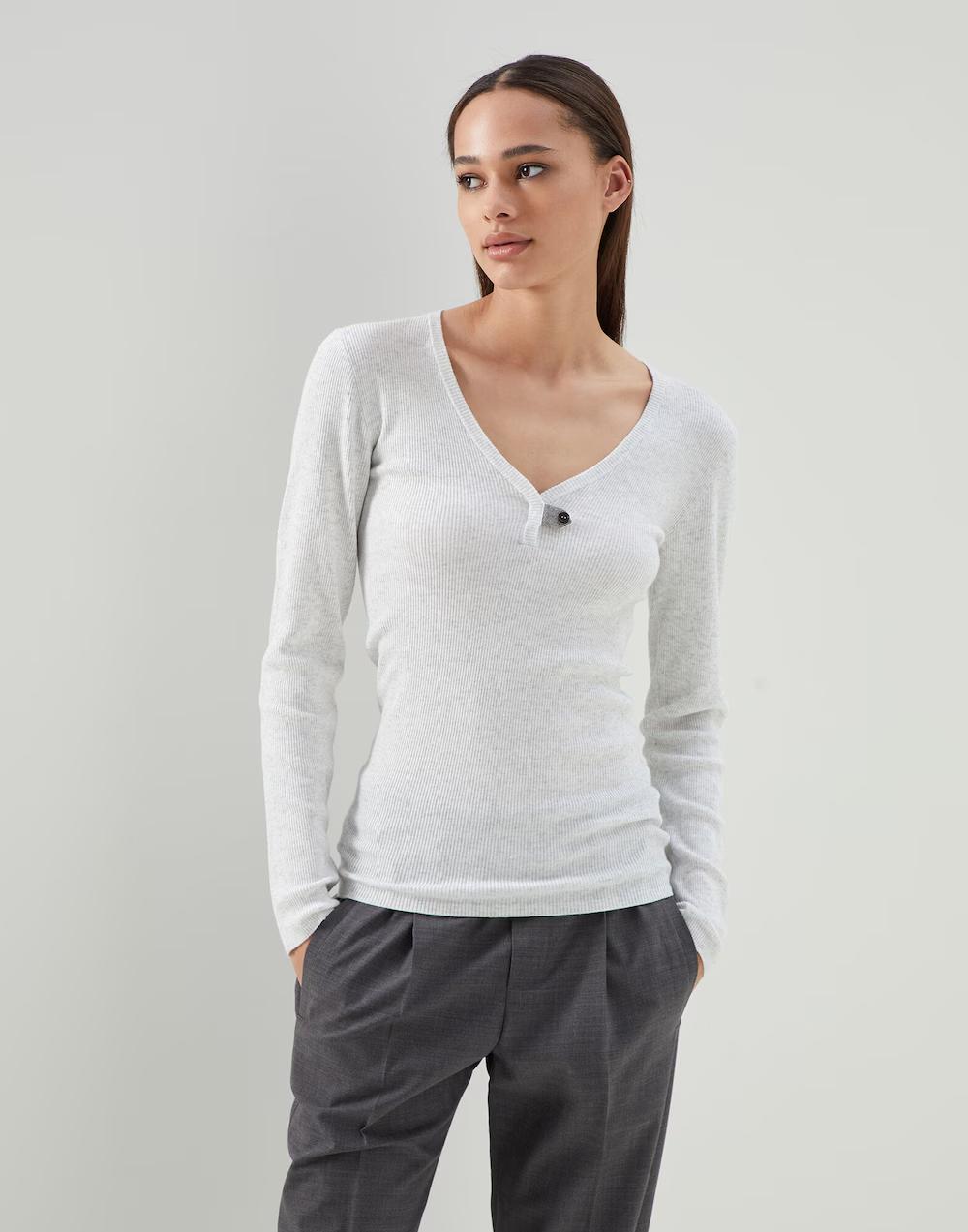 BRUNELLO CUCINELLI WOMEN'S LIGHT GREY RIBBED KNIT TOP