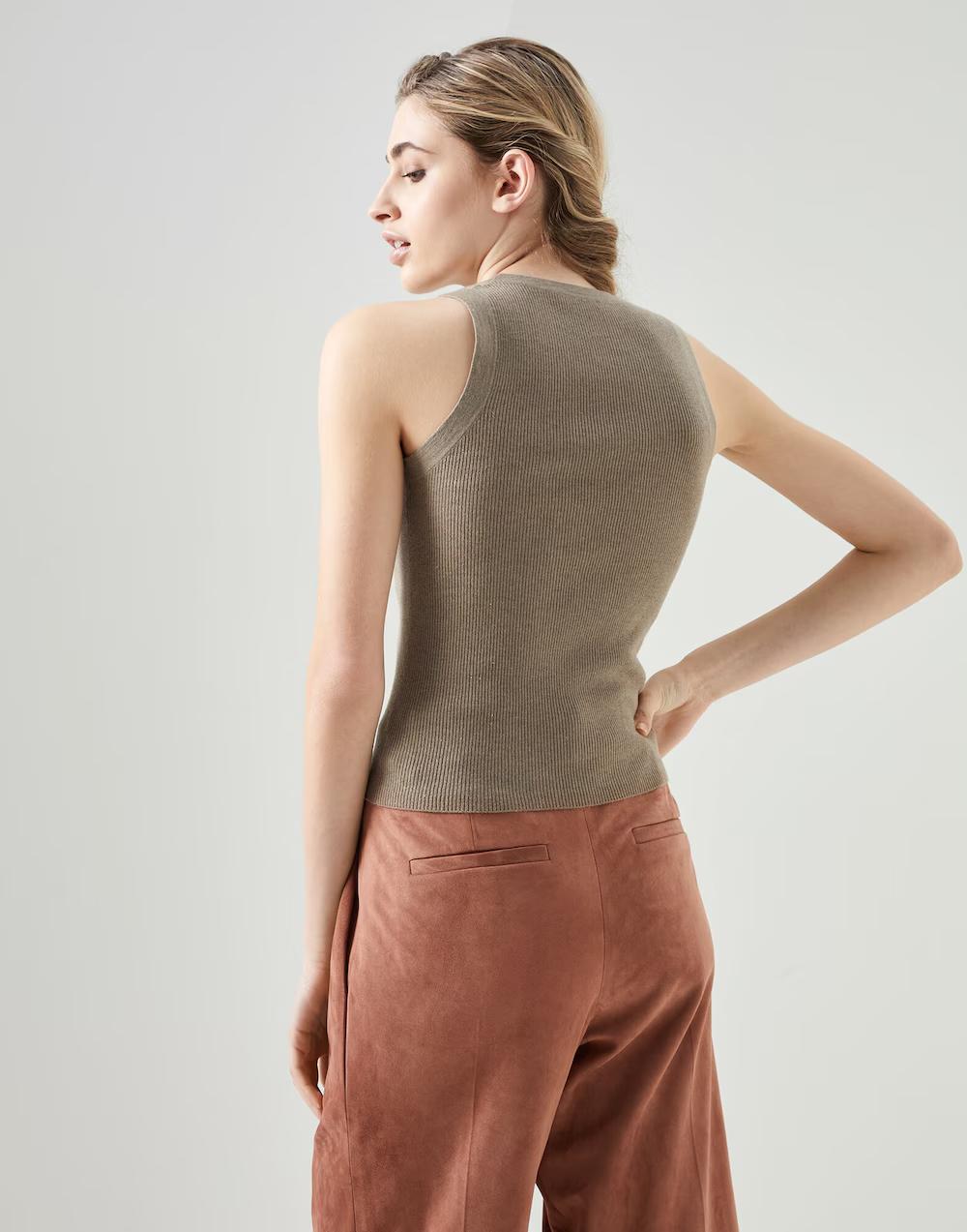 BRUNELLO CUCINELLI WOMEN'S TAUPE RIBBED KNIT TANK TOP