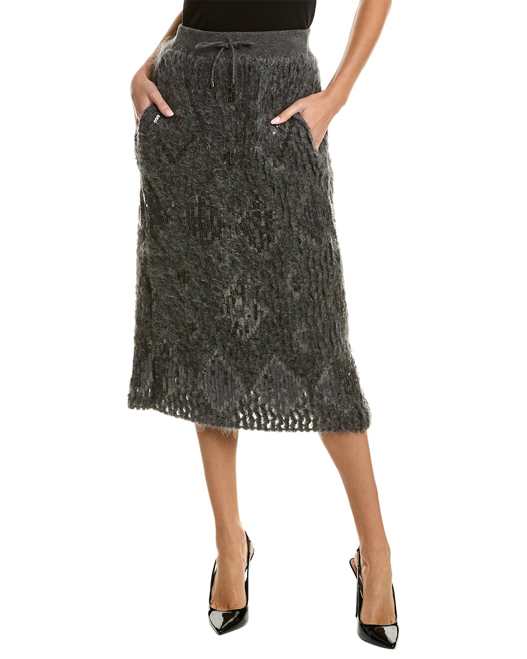 BRUNELLO CUCINELLI WOMEN'S DARK GRAY TEXTURED MIDI SKIRT