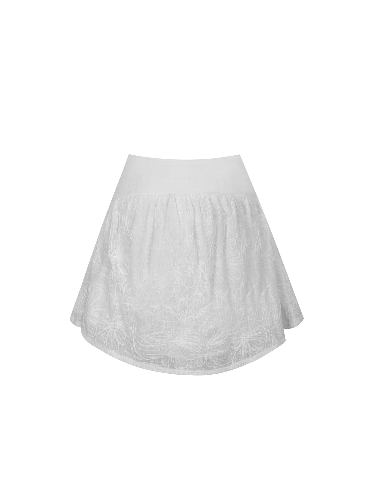 Quisha White Embroidered Cotton Gauze Gathered A-Line Mini Skirt