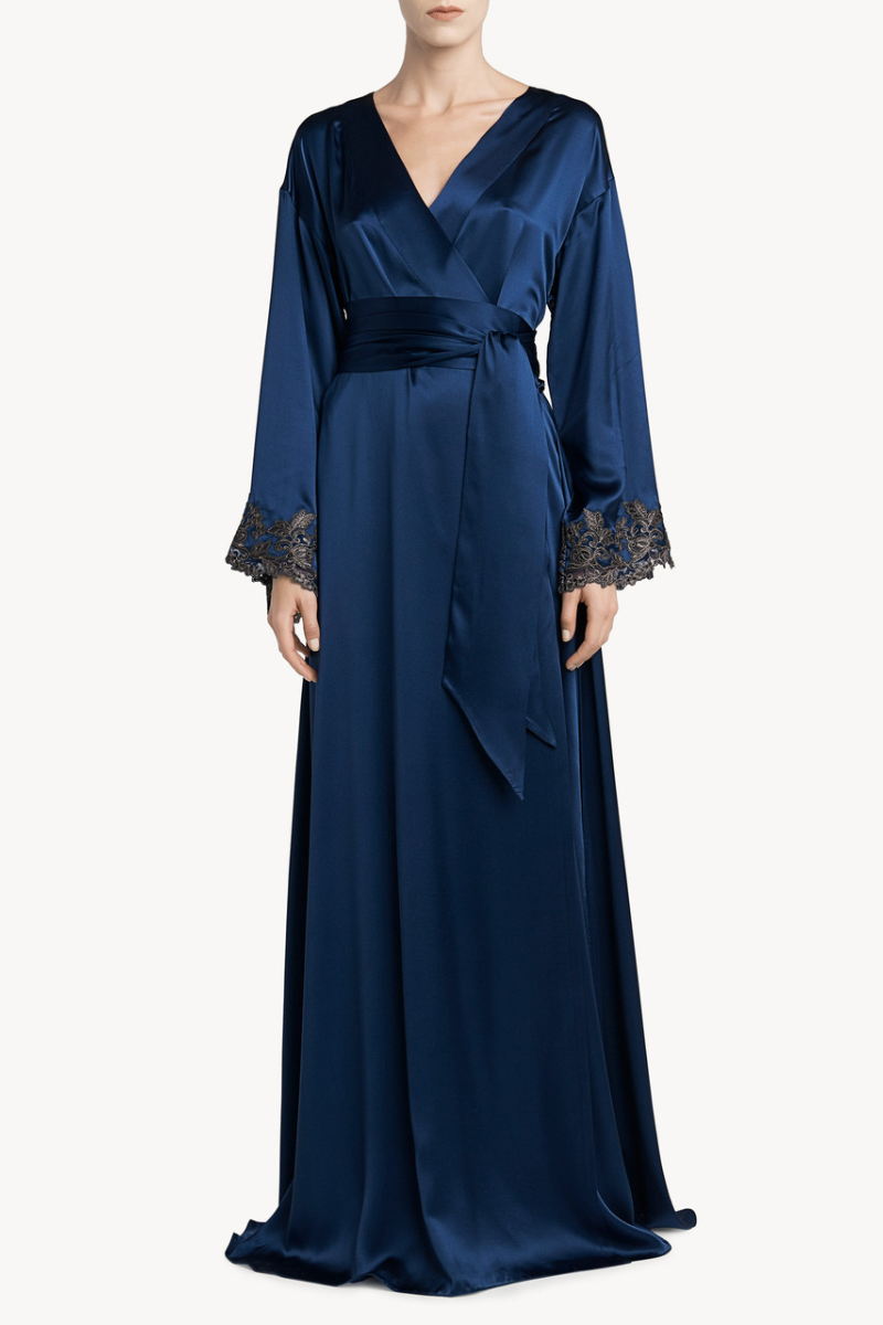 La Perla Blue long silk robe with frastaglio