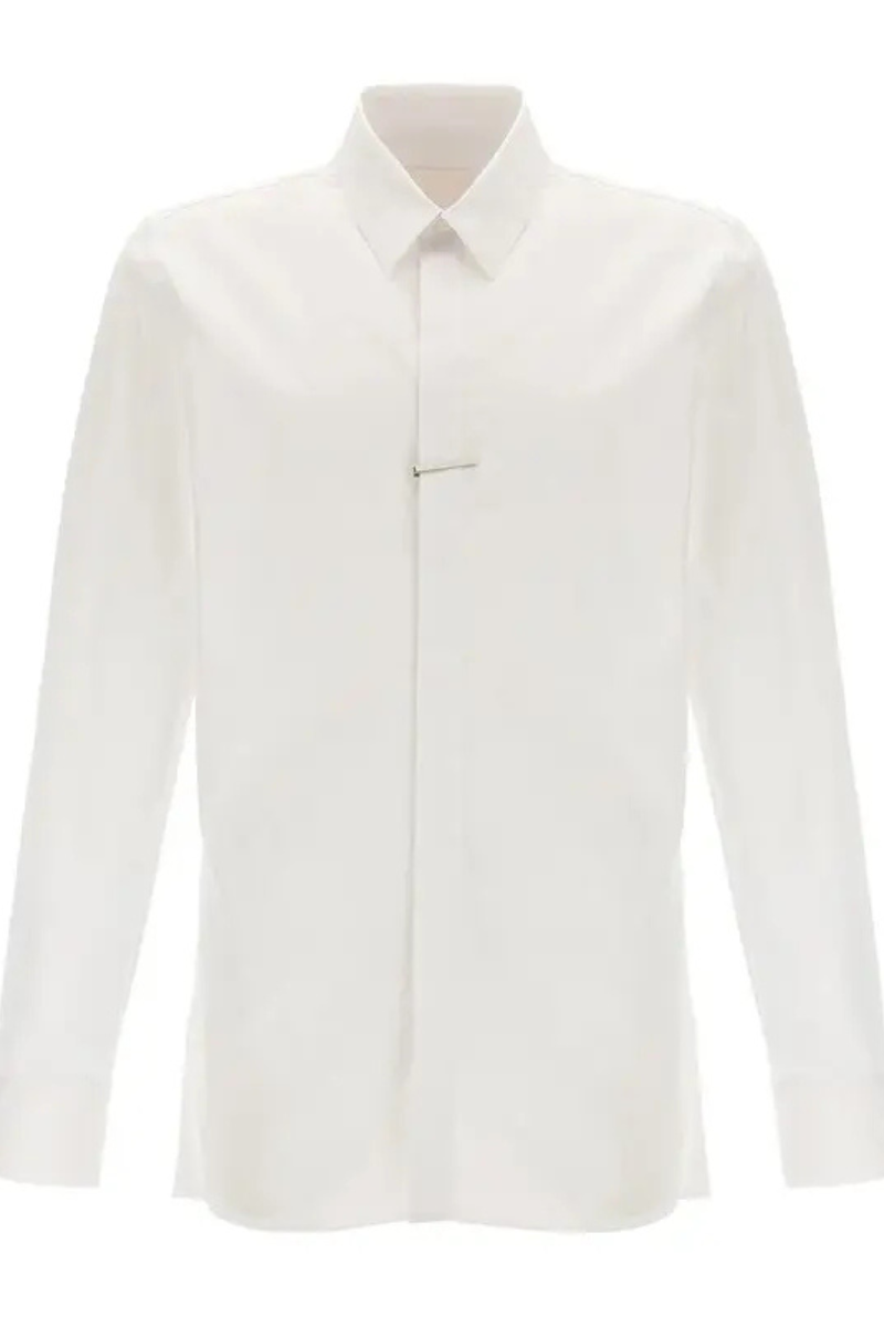 Givenchy Metal Clip Shirt in white cotton poplin with long sleeves and a U-lock harness detail at the collar.