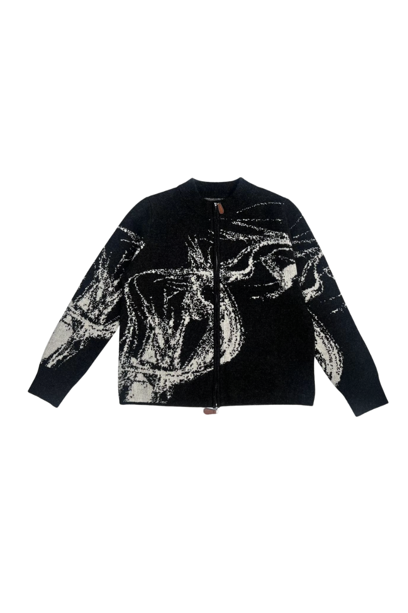 Max Simple  Printed Zip Up Sweater_Black