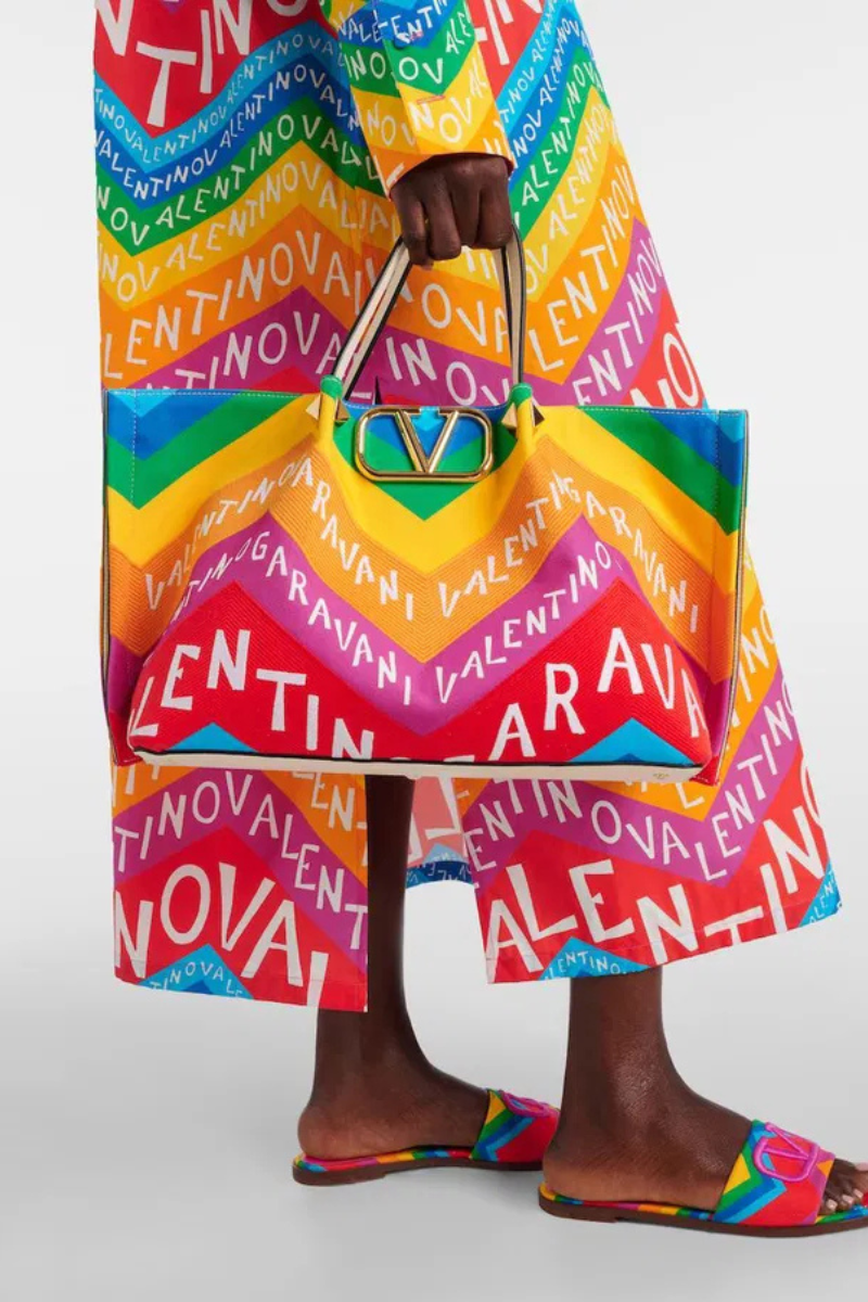 Valentino Garavani Canvas Chevron24 Embroidered Vlogo Medium Escape Shopping Bag Multicolor