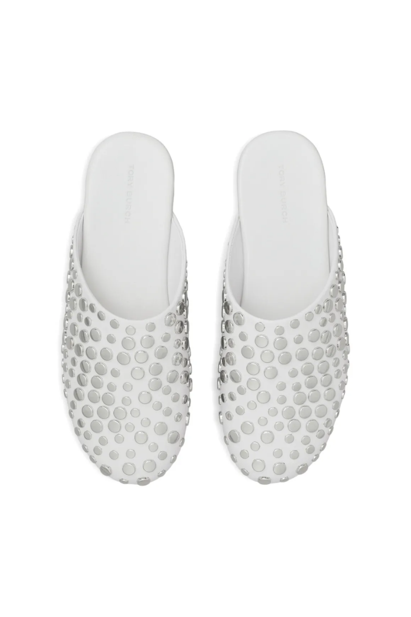 Tory Burch Studded Leather Mules in Cloud White
