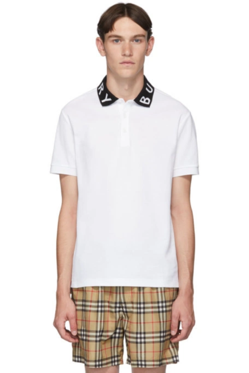 Burberry Men's White Intarsia Logo Ryland Polo