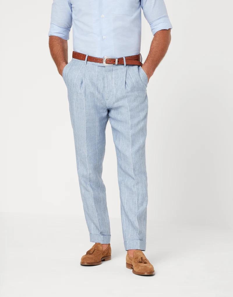 BRUNELLO CUCINELLI MEN'S LIGHT BLUE LINEN TROUSERS
