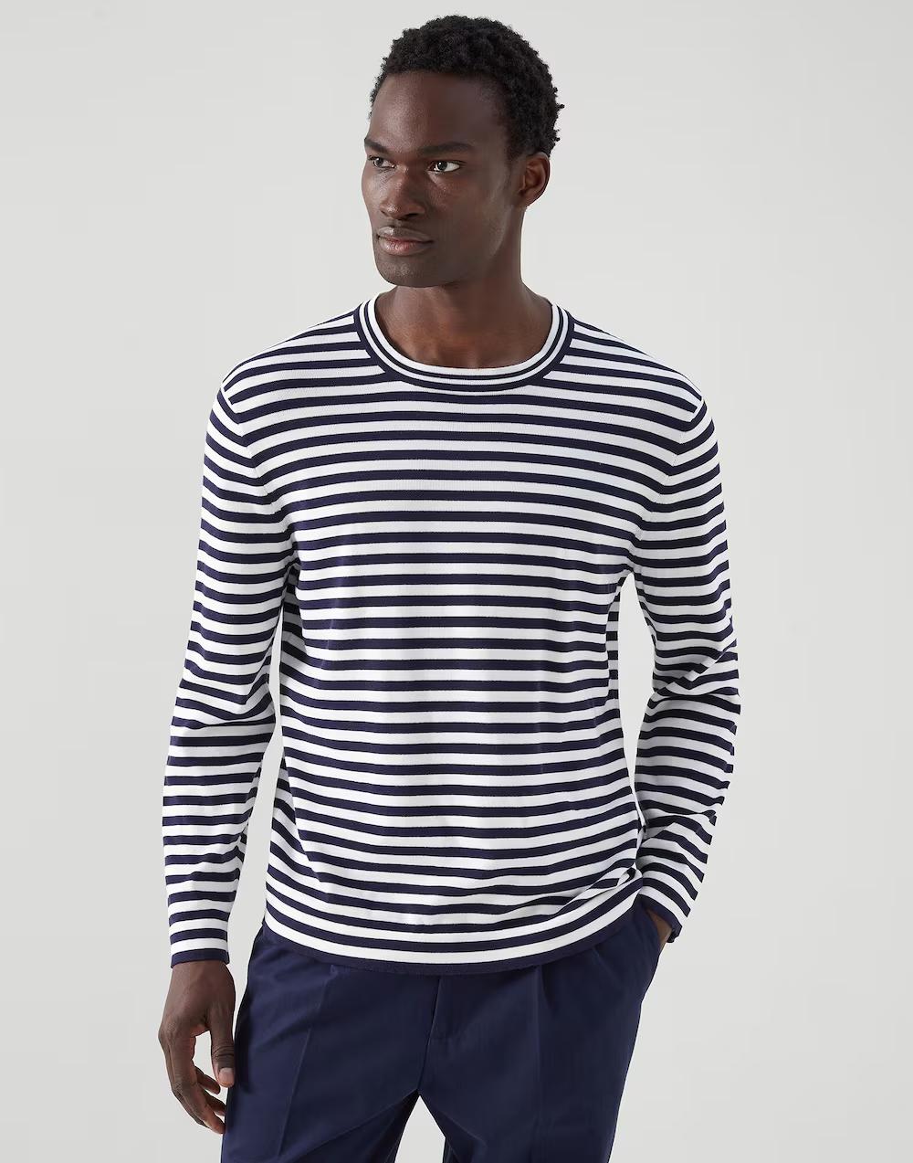 BRUNELLO CUCINELLI MEN'S NAVY STRIPED LONG-SLEEVE KNIT SWEATER