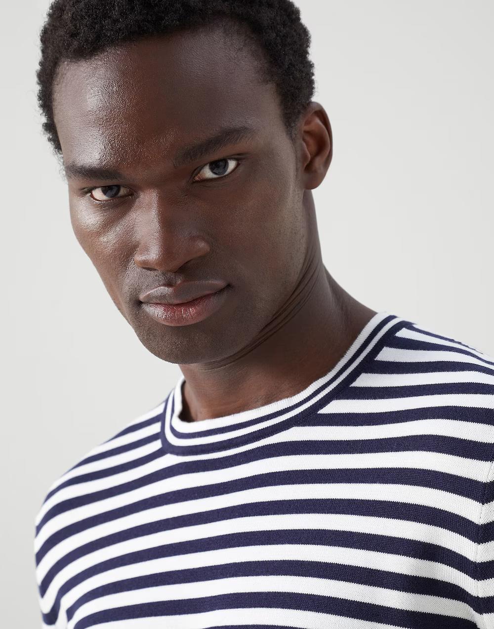 BRUNELLO CUCINELLI MEN'S NAVY STRIPED LONG-SLEEVE KNIT SWEATER