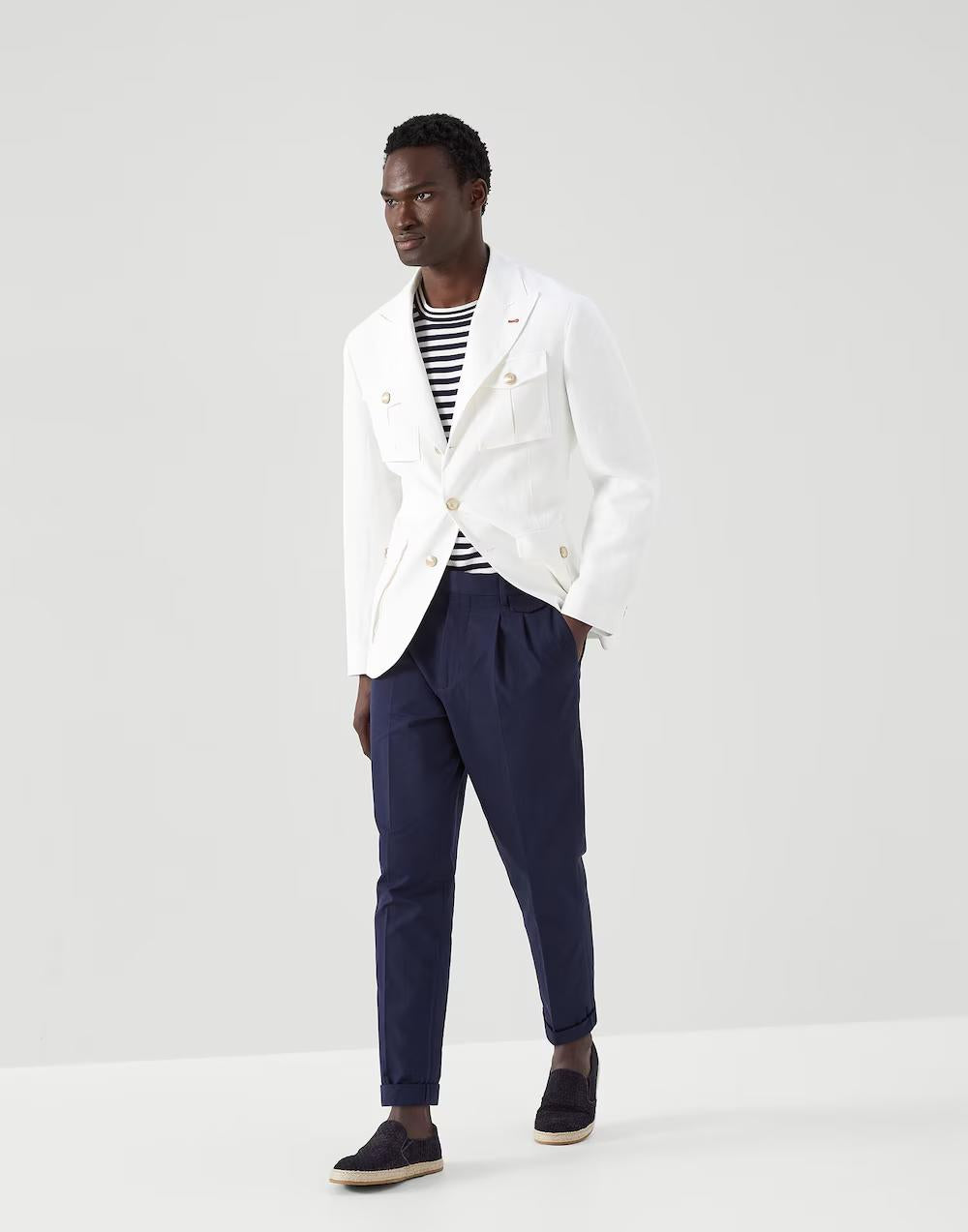BRUNELLO CUCINELLI MEN'S NAVY STRIPED LONG-SLEEVE KNIT SWEATER