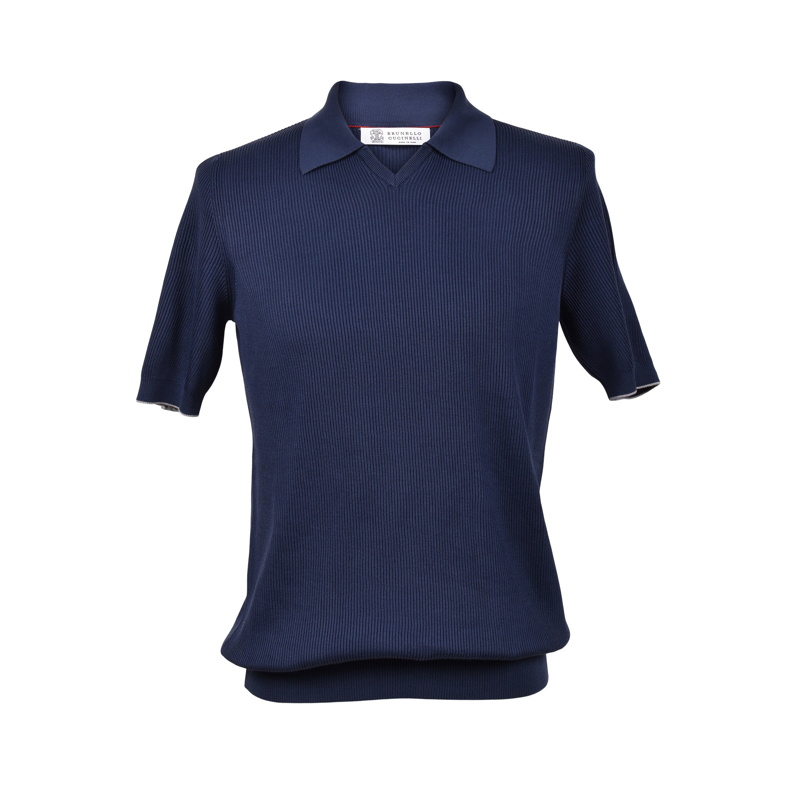 BRUNELLO CUCINELLI MEN'S NAVY RIBBED V-NECK SWEATER