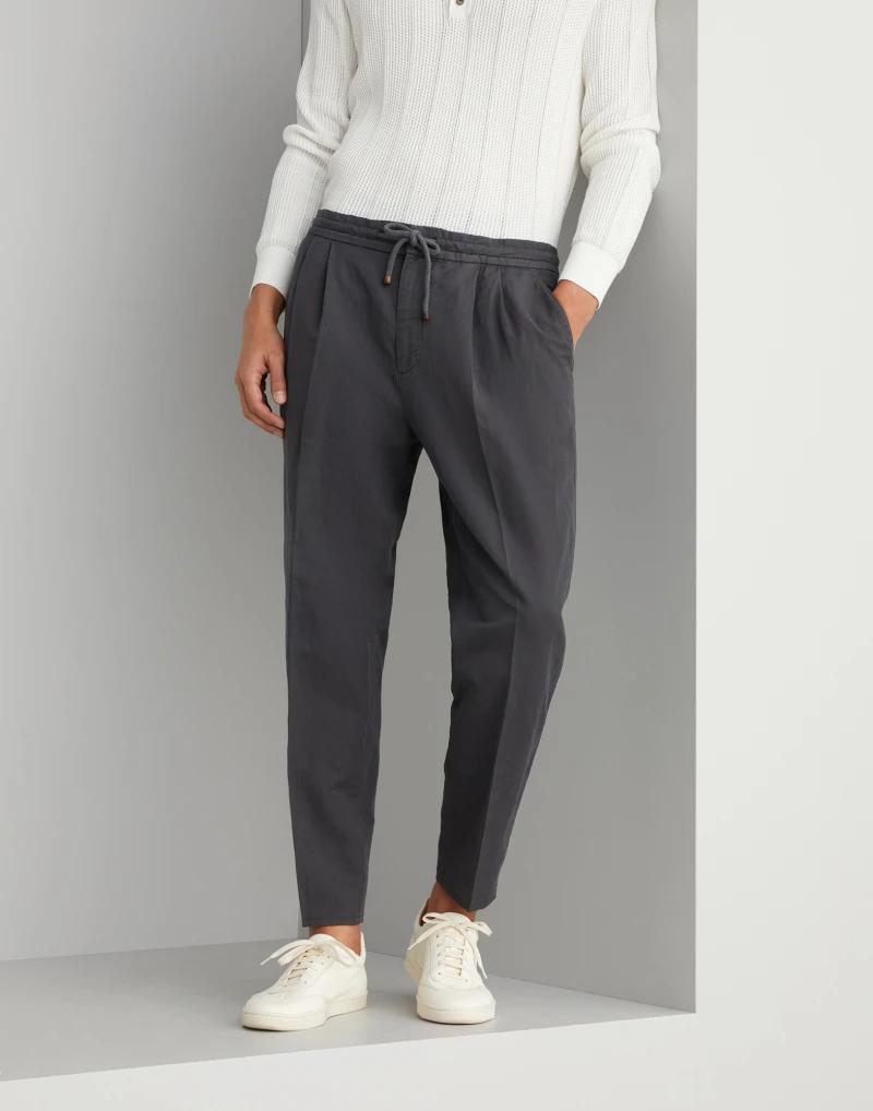 BRUNELLO CUCINELLI MEN'S ANTHRACITE LINEN BLEND DRAWSTRING TROUSERS