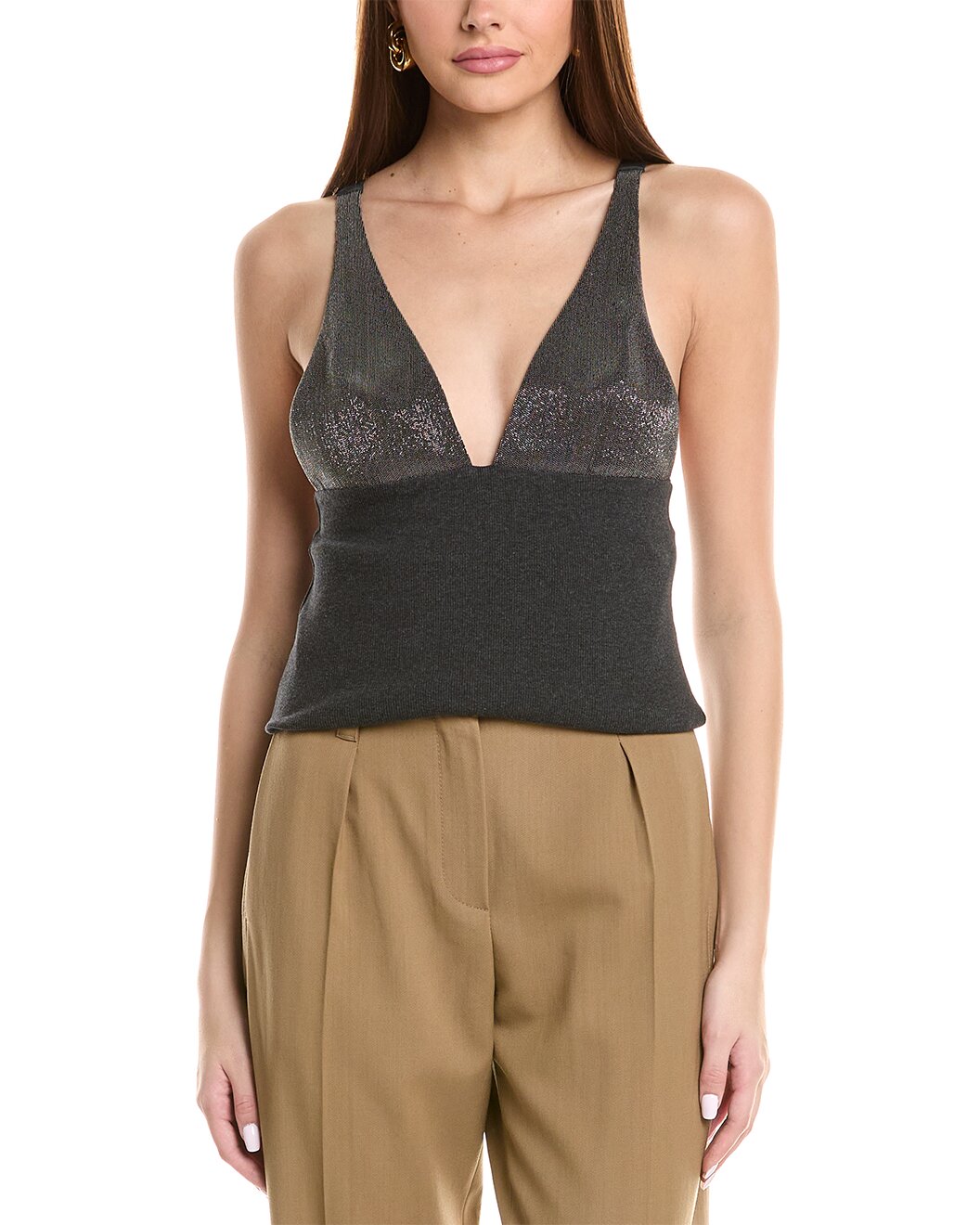 BRUNELLO CUCINELLI WOMEN'S CHARCOAL DEEP V-NECK KNIT TOP