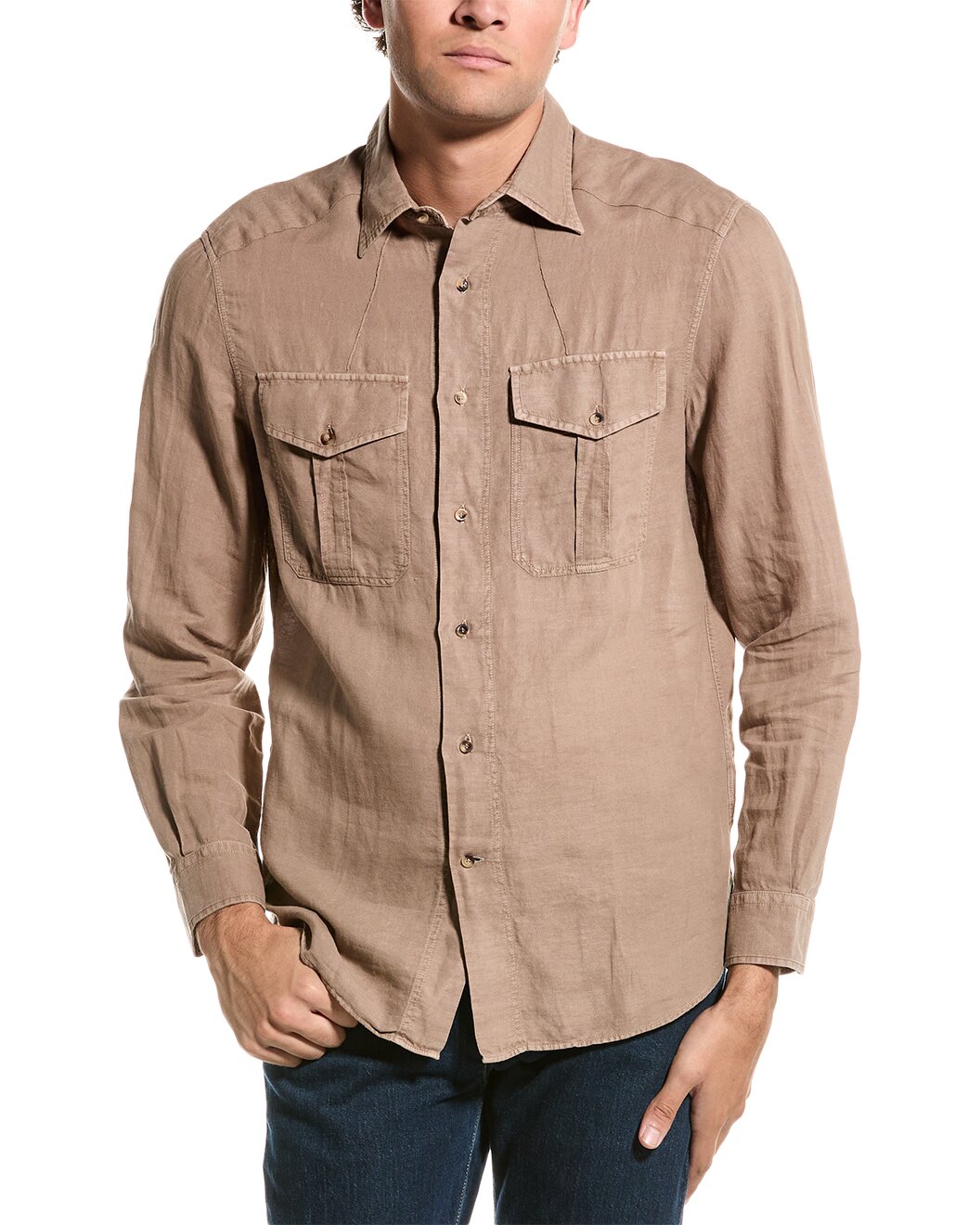 BRUNELLO CUCINELLI MEN'S TOBACCO LONG-SLEEVE SHIRT WITH POCKETS