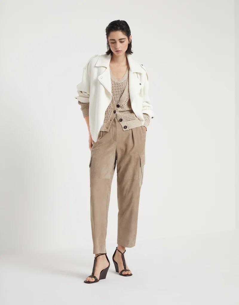 BRUNELLO CUCINELLI WOMEN'S BEIGE OPENWORK KNIT SWEATER