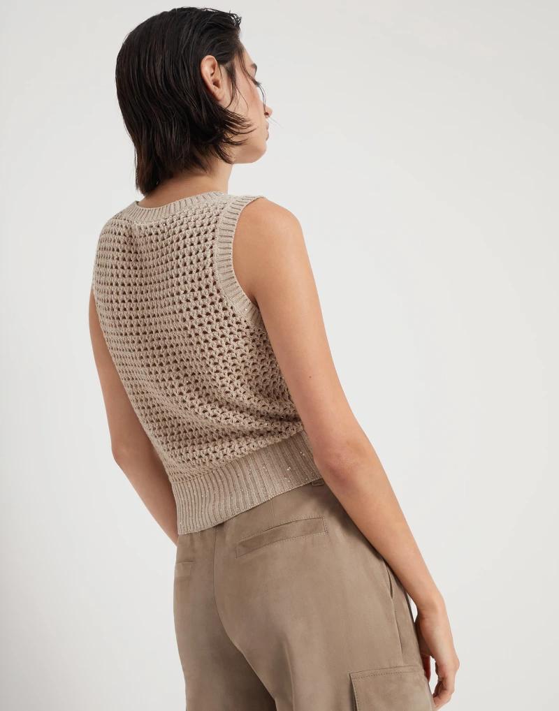 BRUNELLO CUCINELLI WOMEN'S BEIGE OPENWORK KNIT SWEATER