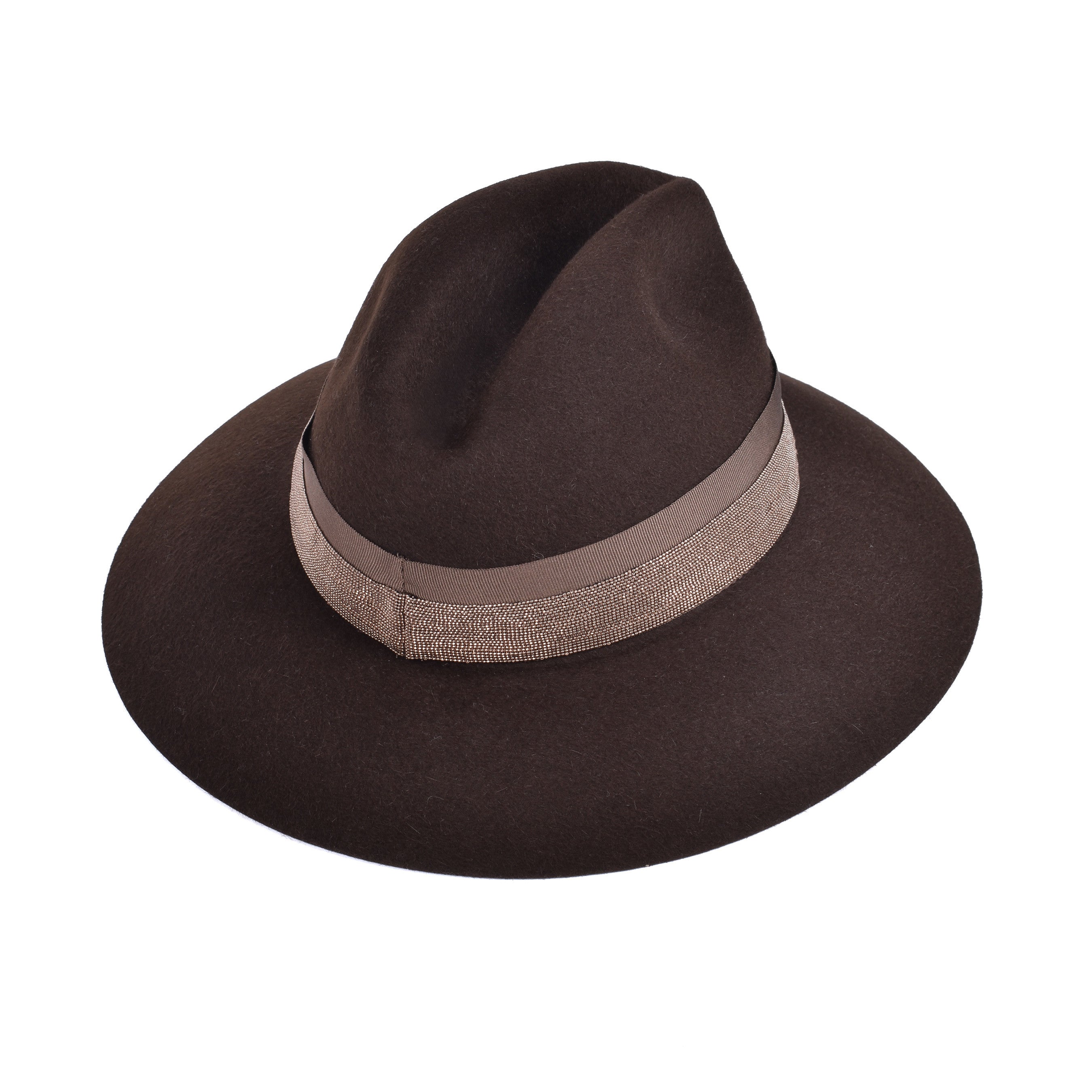 BRUNELLO CUCINELLI WOMEN'S BROWN FELT FEDORA WITH BEADED BAND