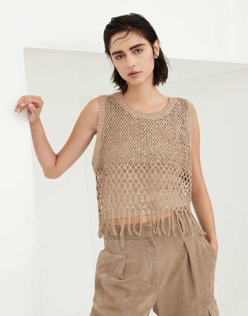 BRUNELLO CUCINELLI WOMEN'S BEIGE LINEN SLEEVELESS SWEATER