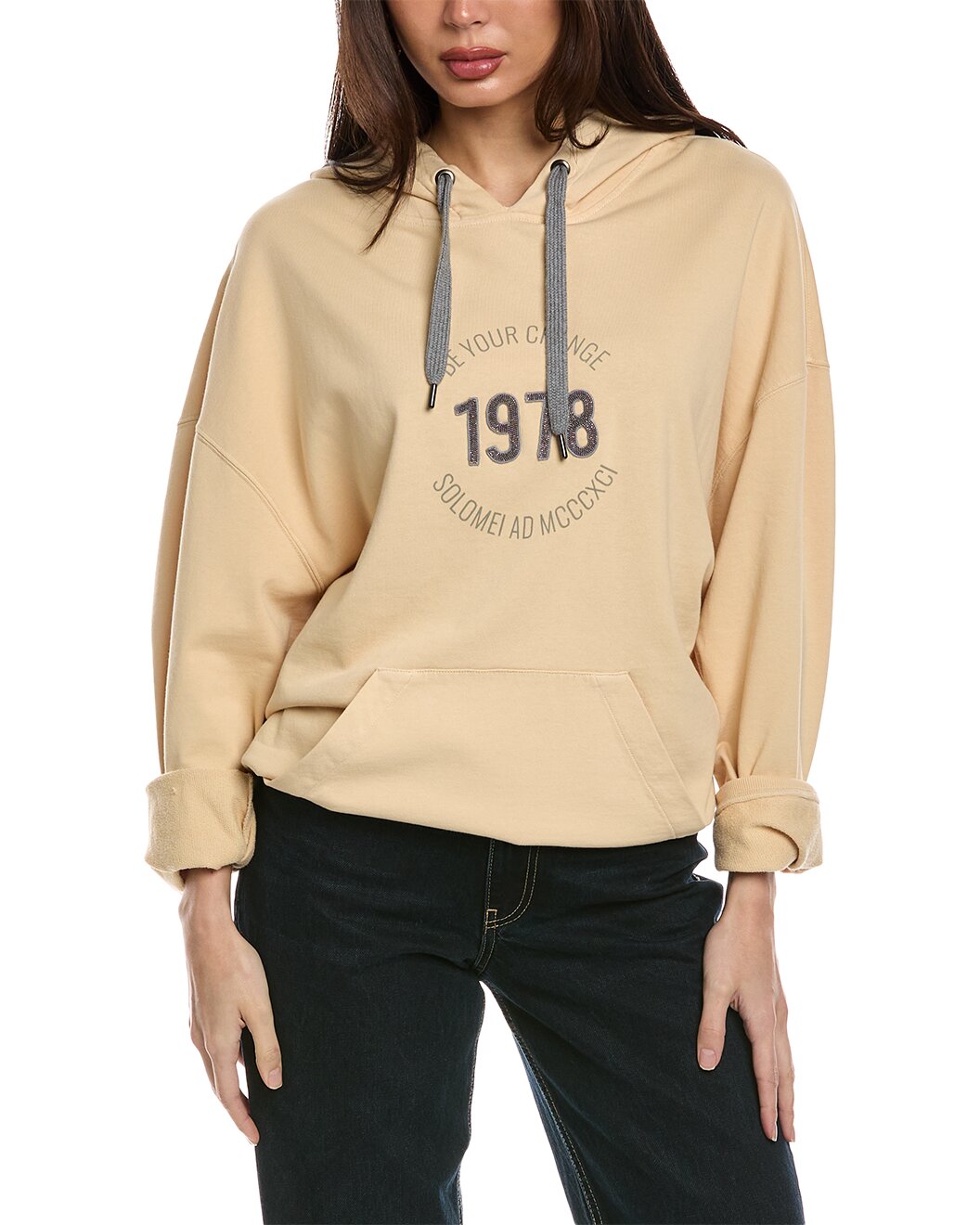 BRUNELLO CUCINELLI WOMEN'S BEIGE HOODED SWEATSHIRT WITH PRINT