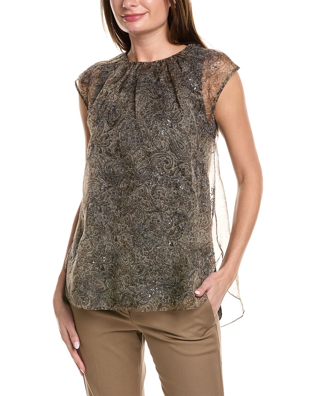 BRUNELLO CUCINELLI WOMEN'S BEIGE BROWN PAISLEY SHEER BLOUSE