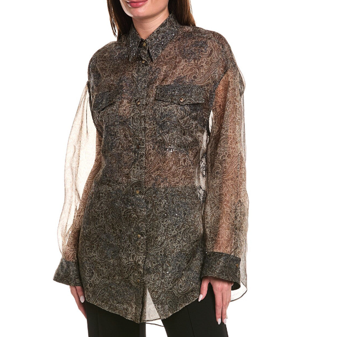 BRUNELLO CUCINELLI WOMEN'S BROWN SILK SEQUINED SHIRT