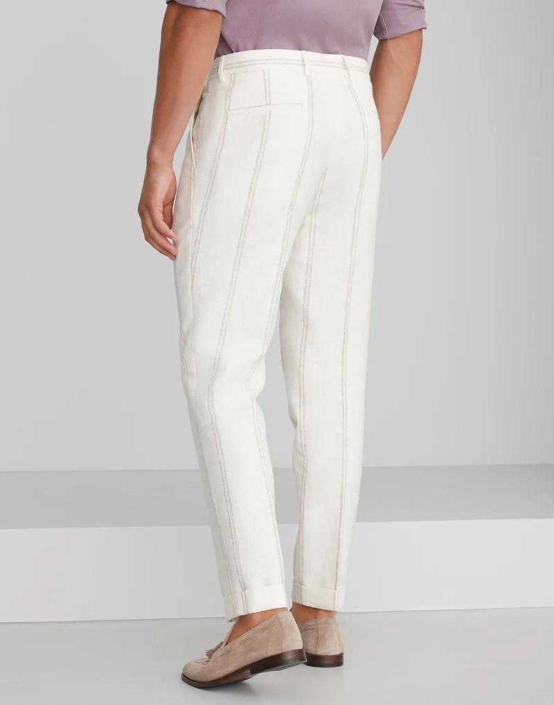 BRUNELLO CUCINELLI MEN'S IVORY TAILORED TROUSERS WITH STRIPES