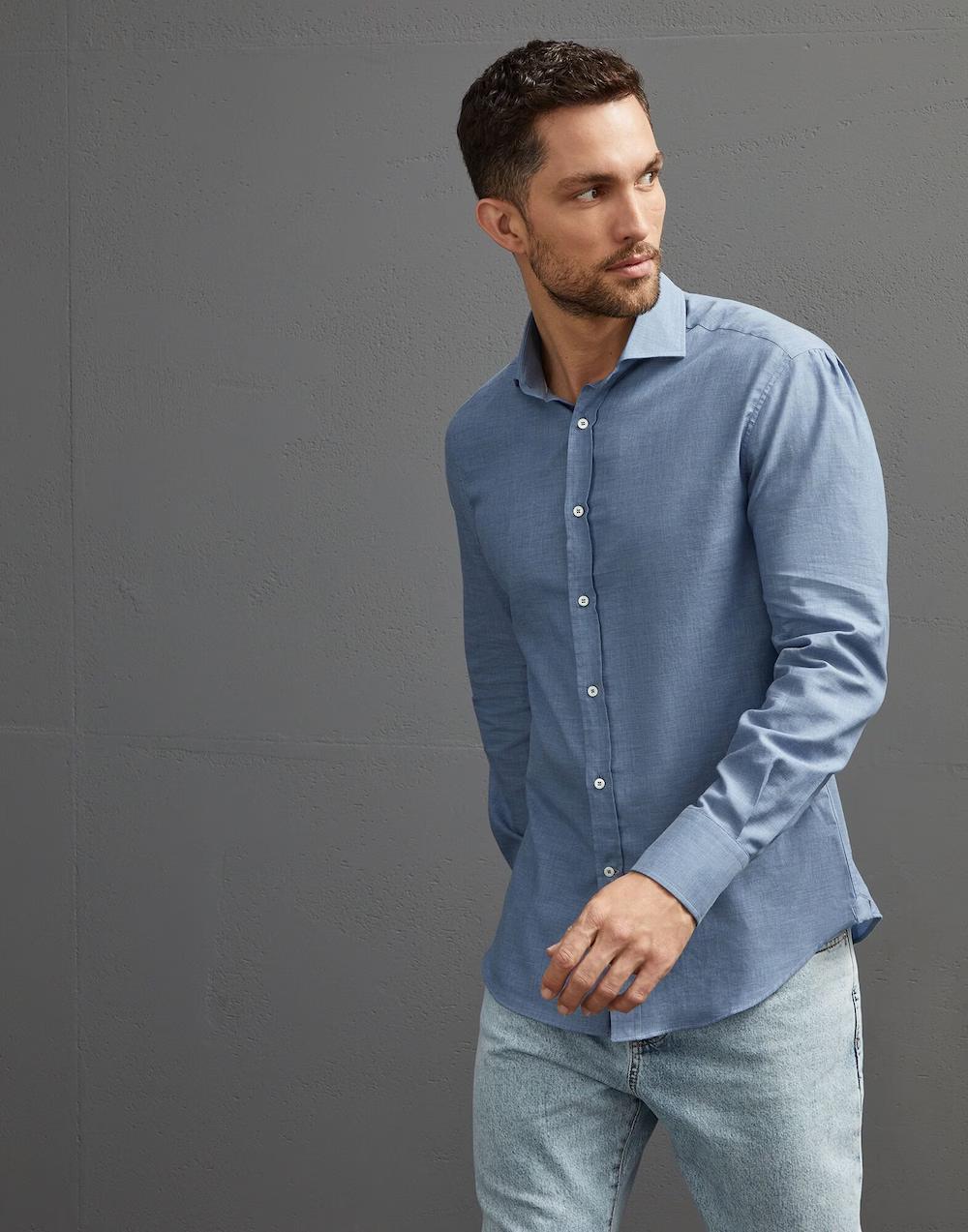 BRUNELLO CUCINELLI MEN'S DENIM BLUE BUTTON-UP SHIRT