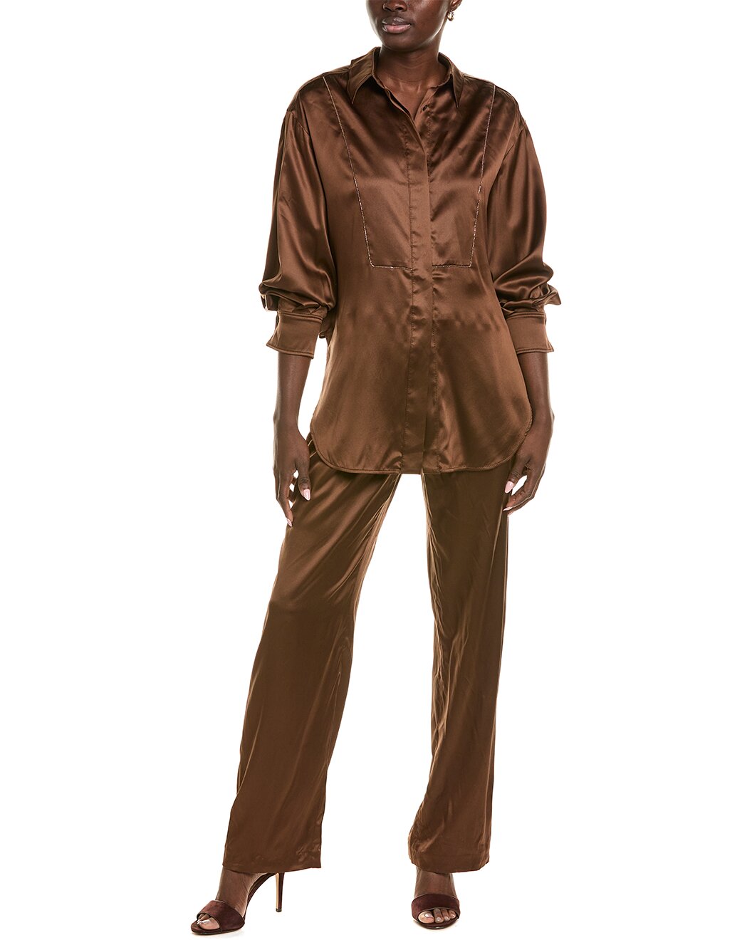 BRUNELLO CUCINELLI WOMEN'S BROWN SATIN WIDE TROUSERS