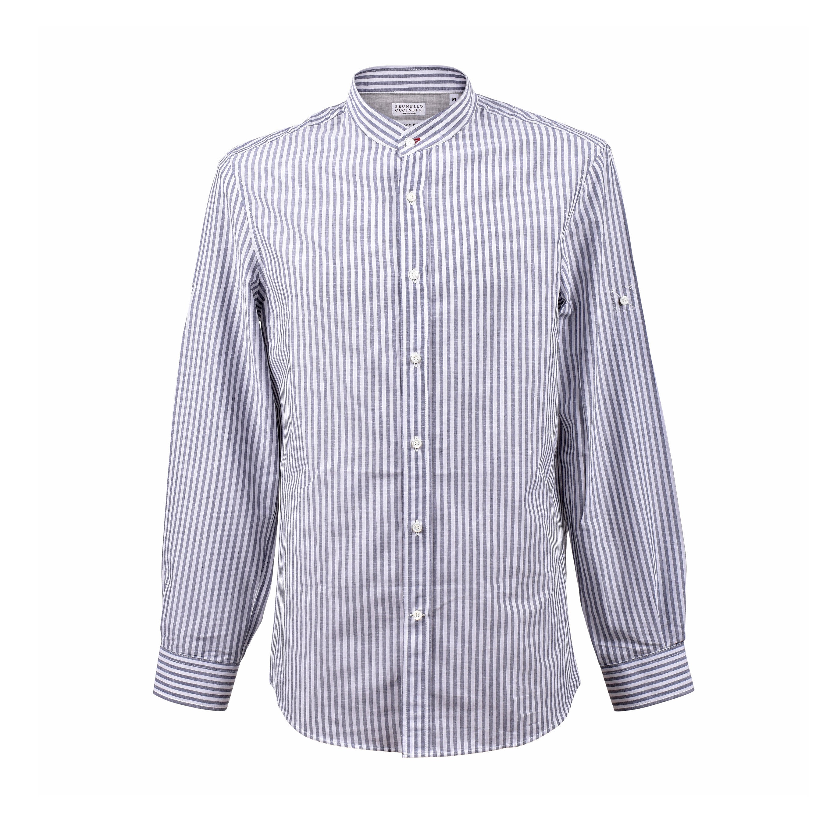 BRUNELLO CUCINELLI MEN'S WHITE BLUE STRIPED LINEN SHIRT