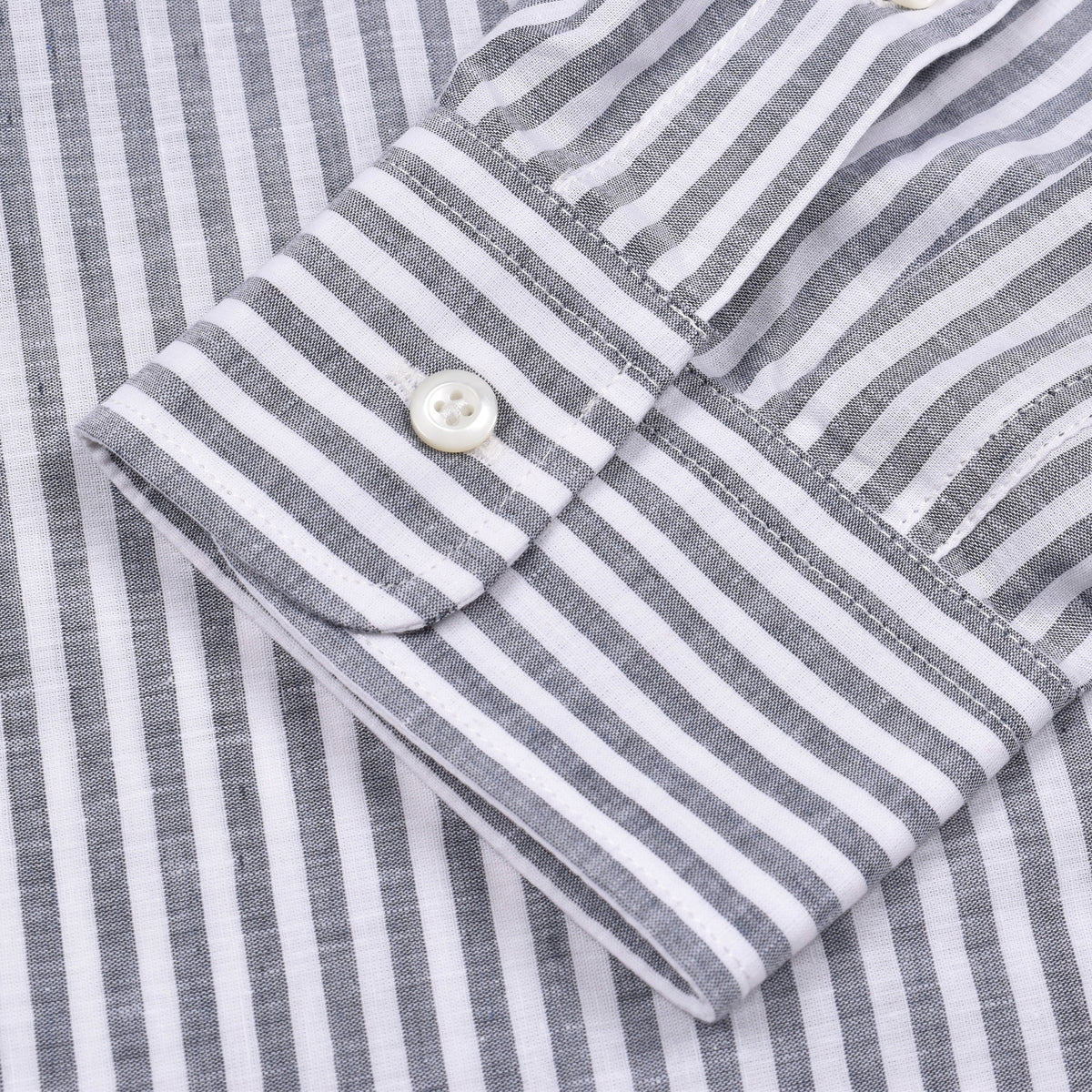 BRUNELLO CUCINELLI MEN'S WHITE BLUE STRIPED LINEN SHIRT