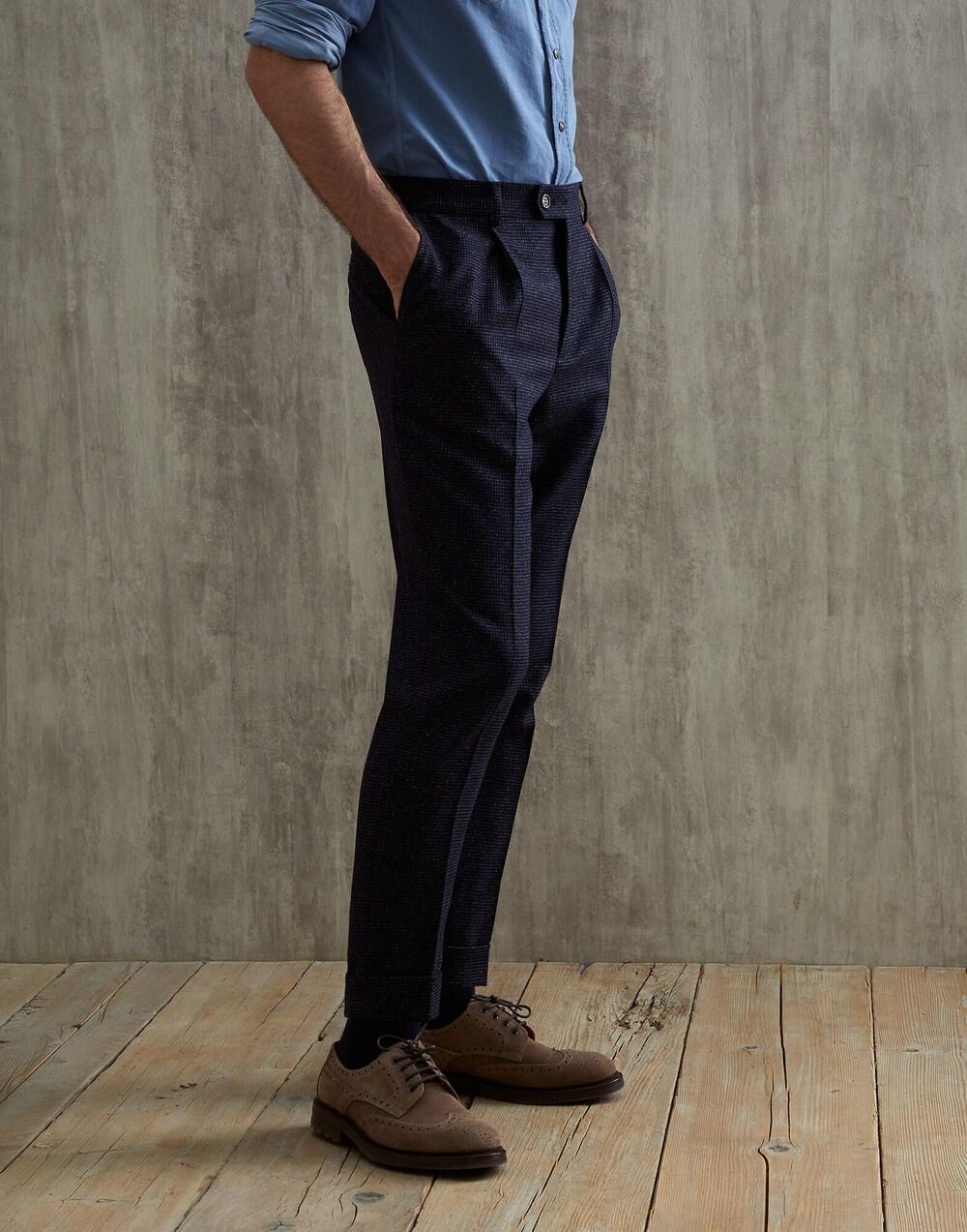 BRUNELLO CUCINELLI MEN'S DARK BLUE WOOL SILK TROUSERS