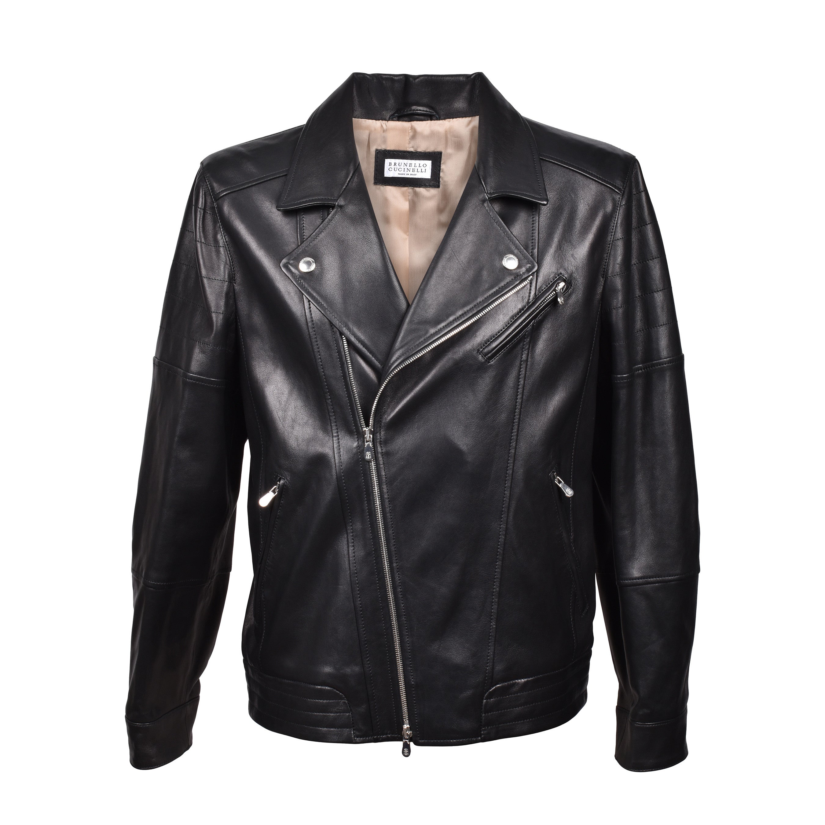 BRUNELLO CUCINELLI MEN'S BLACK LEATHER BIKER JACKET