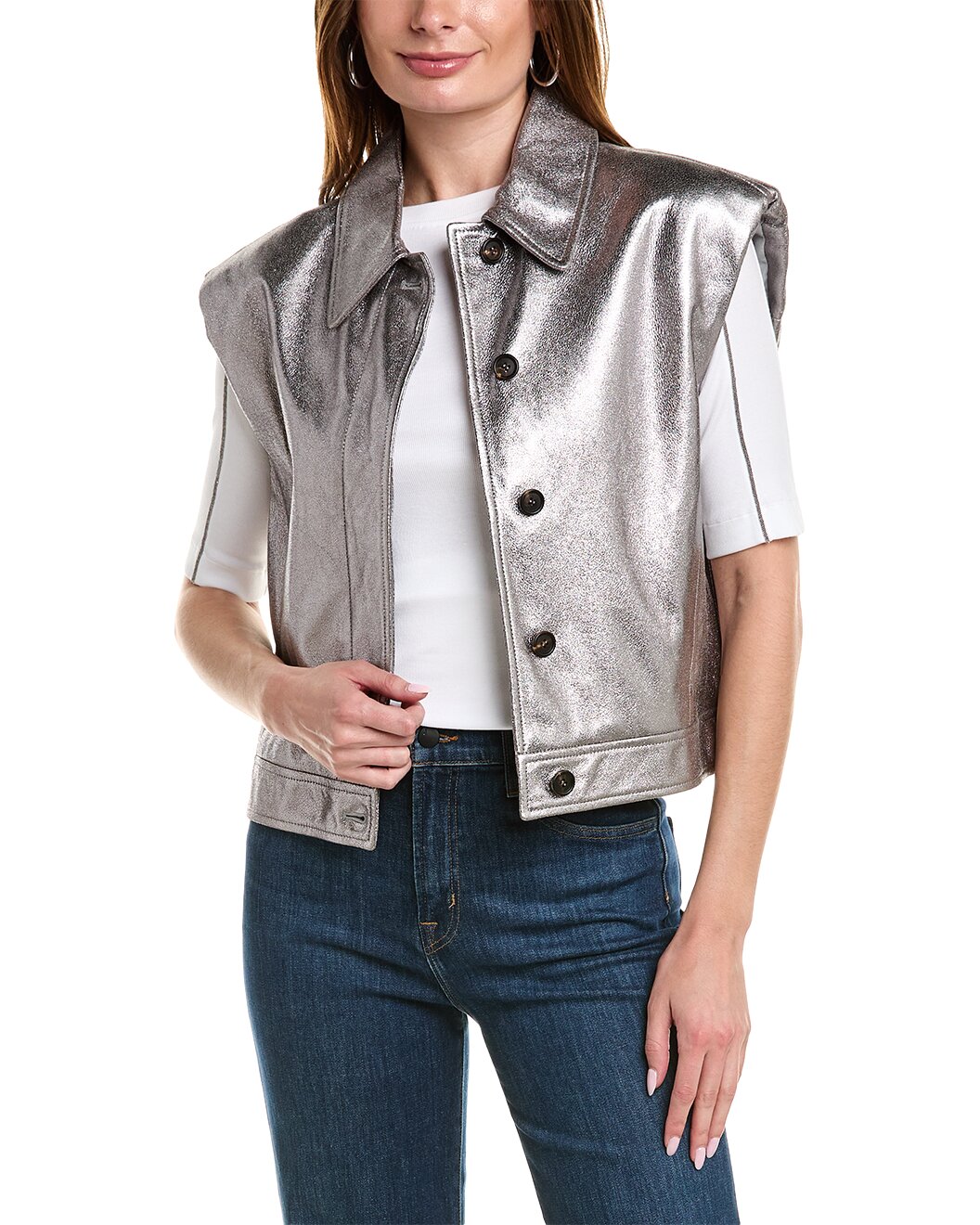 BRUNELLO CUCINELLI WOMEN'S SILVER LEATHER BOXY JACKET