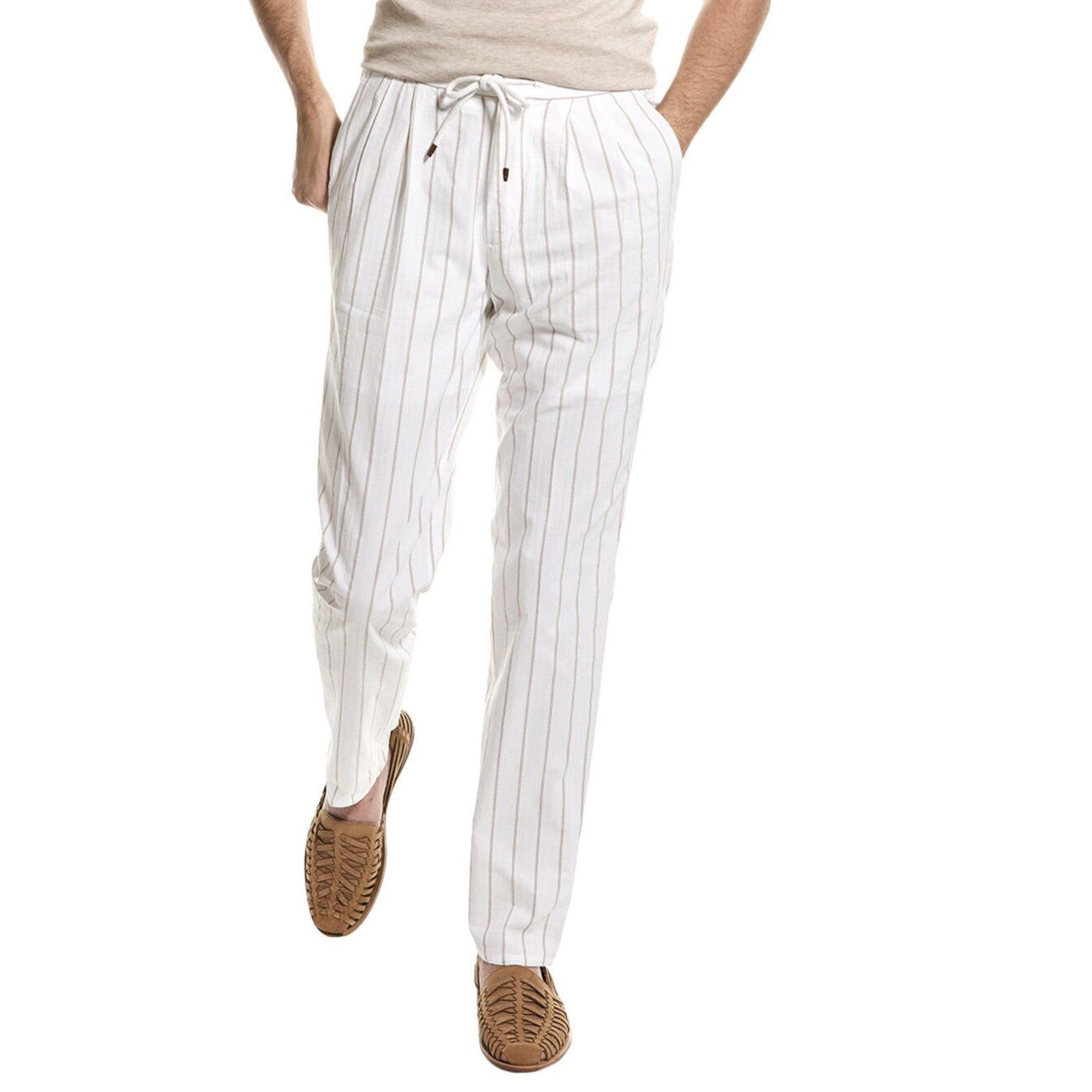 BRUNELLO CUCINELLI MEN'S WHITE STRIPED DRAWSTRING TROUSERS