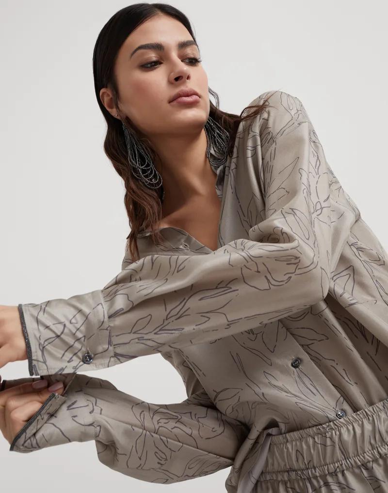 BRUNELLO CUCINELLI WOMEN'S KHAKI SILK OVERSIZED SHIRT