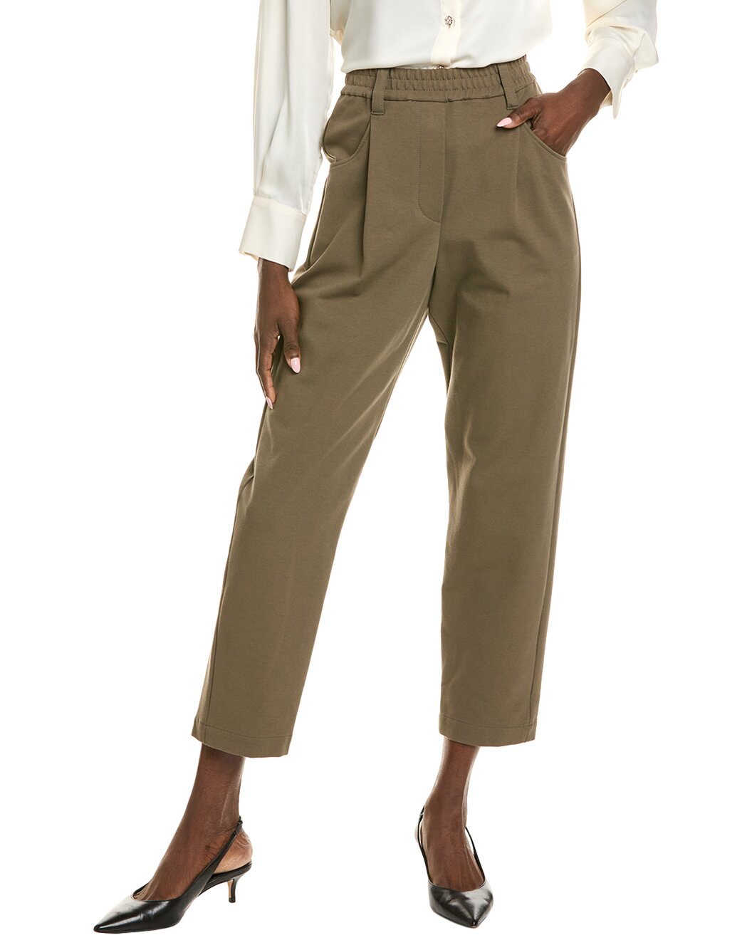 BRUNELLO CUCINELLI WOMEN'S OLIVE CROPPED TROUSERS WITH PLEATS