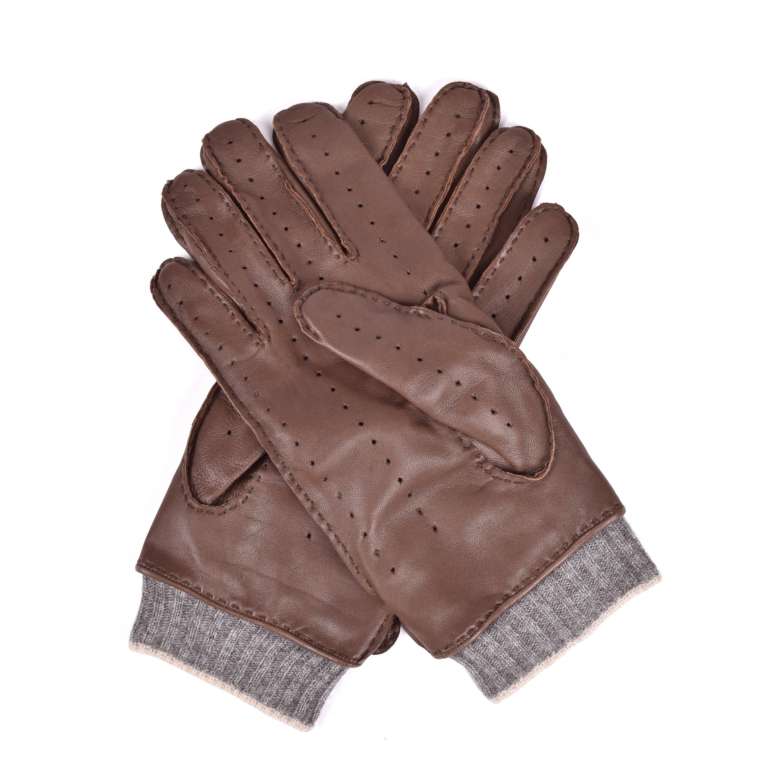 BRUNELLO CUCINELLI MEN'S TWO TONE BROWN/GREY LEATHER BLEND GLOVES